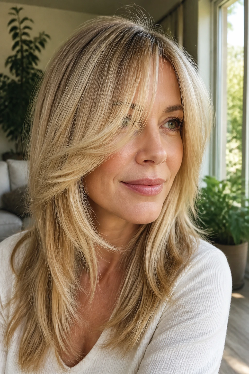 Close-up of feathered long bangs in butter blonde with lowlights.