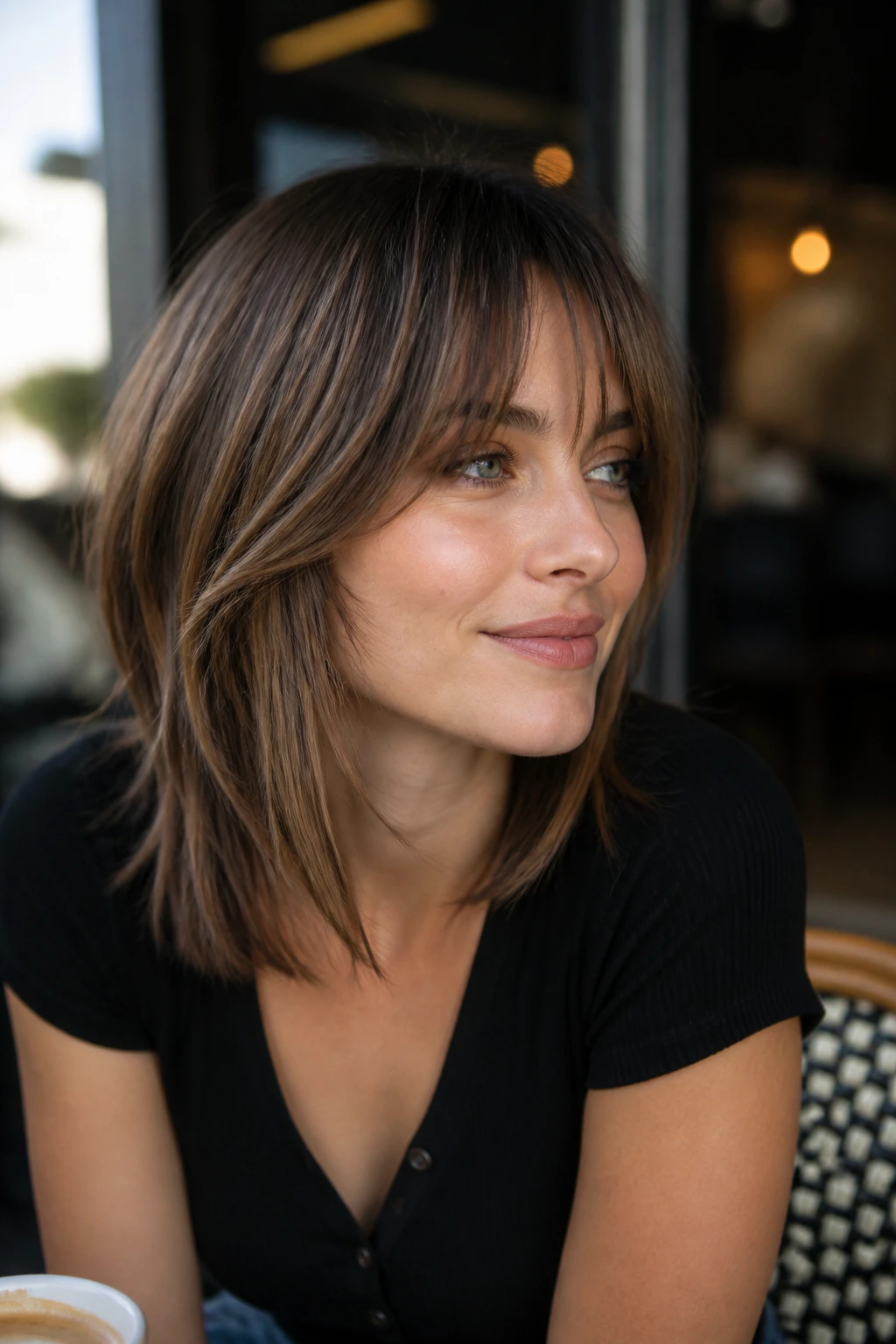 Close-up of a woman with cheekbone-length feathered bangs