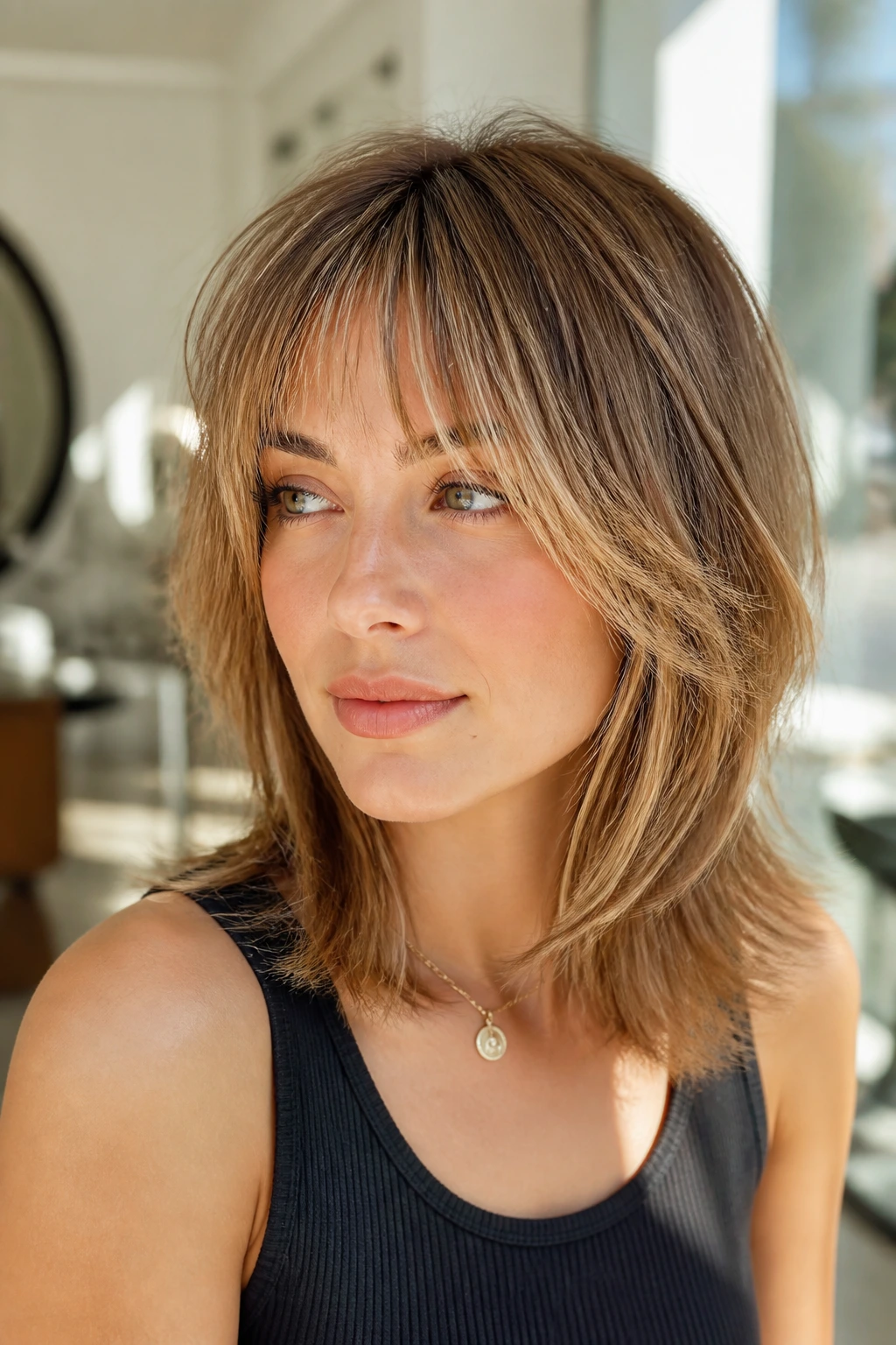 Portrait of a real woman with feathered bangs and collarbone-length cut
