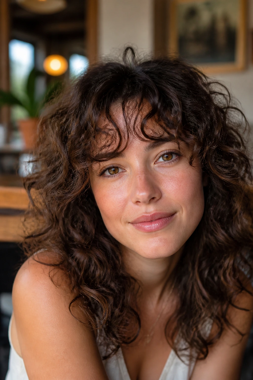 Close-up portrait of a real woman with feathered bangs on curly hair