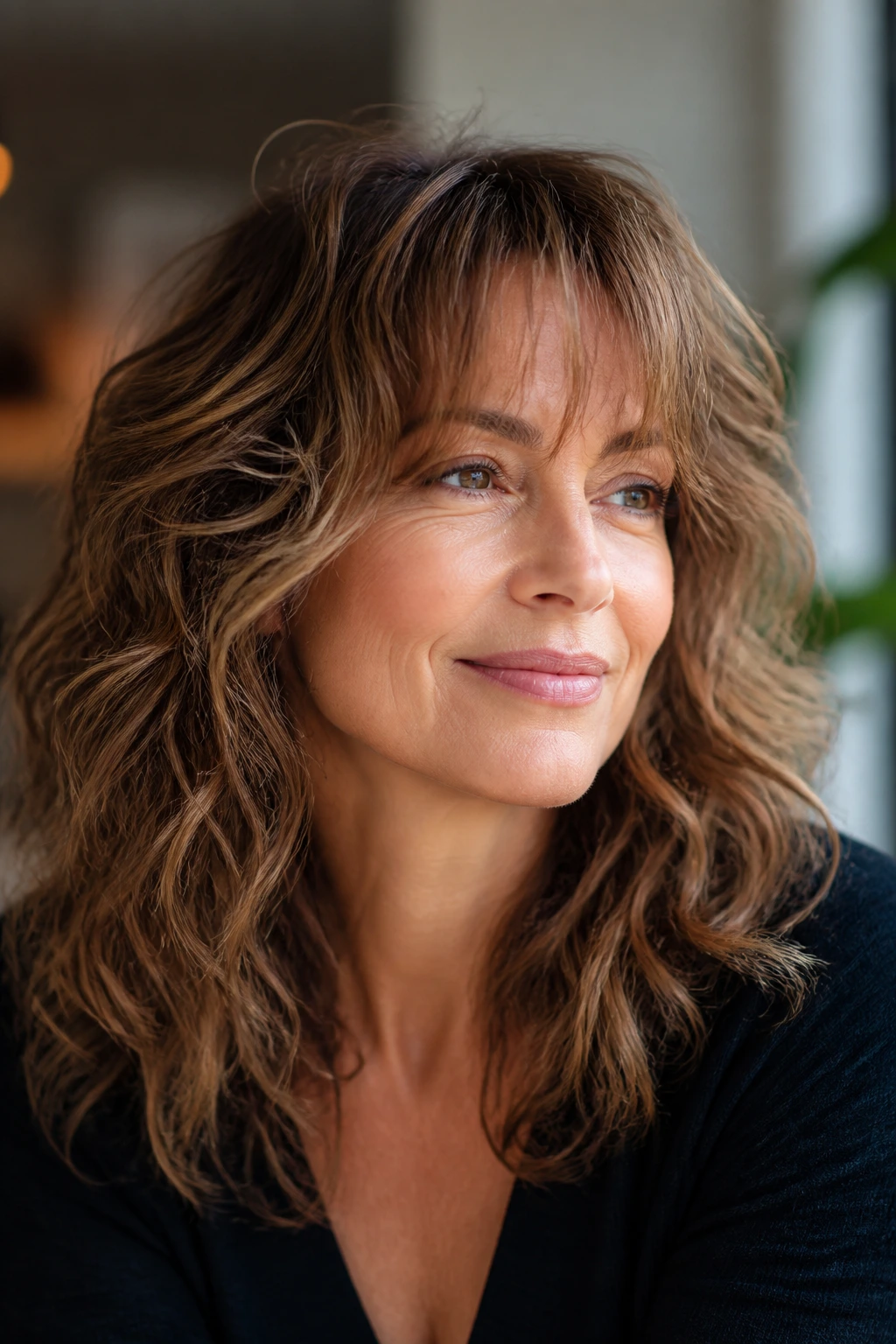 Close-up of a real woman with feathered bangs on fine or wavy-curly hair.