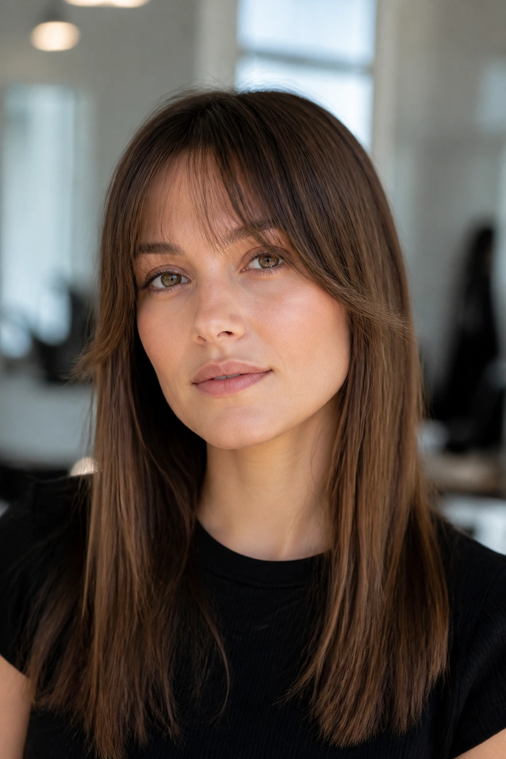 Close-up of a woman with fine pin-straight hair and feathered bangs
