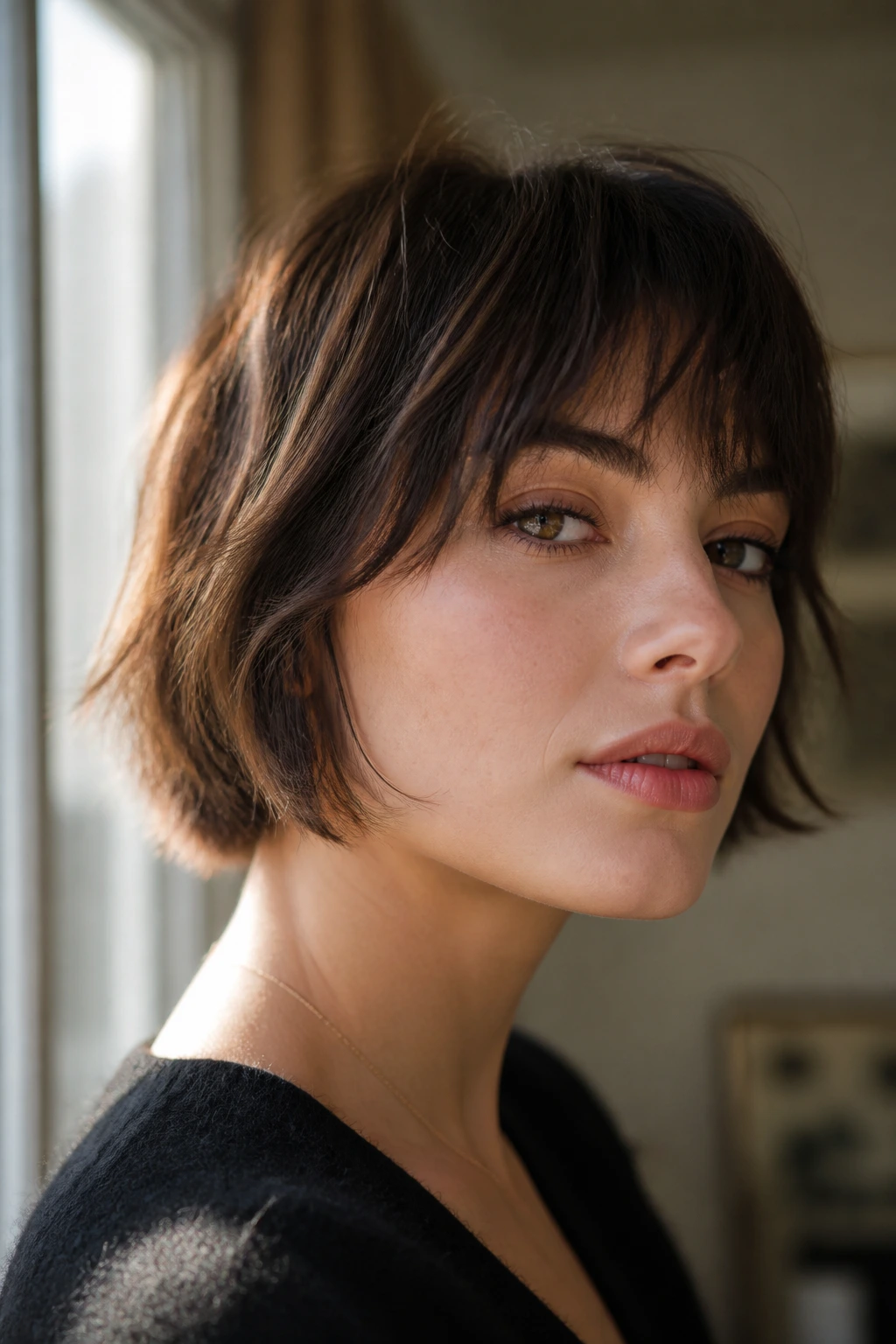 Close-up portrait of a real person with feathered bangs on a French bob in warm window light