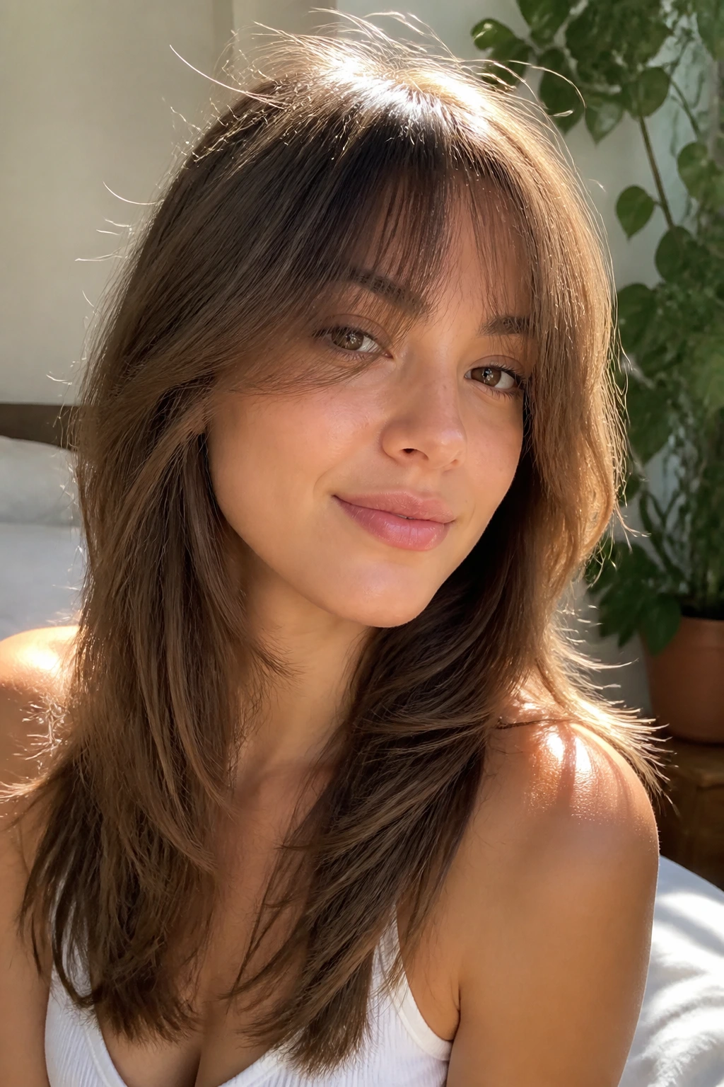 Portrait of a person with feathered bangs blending into front layers.