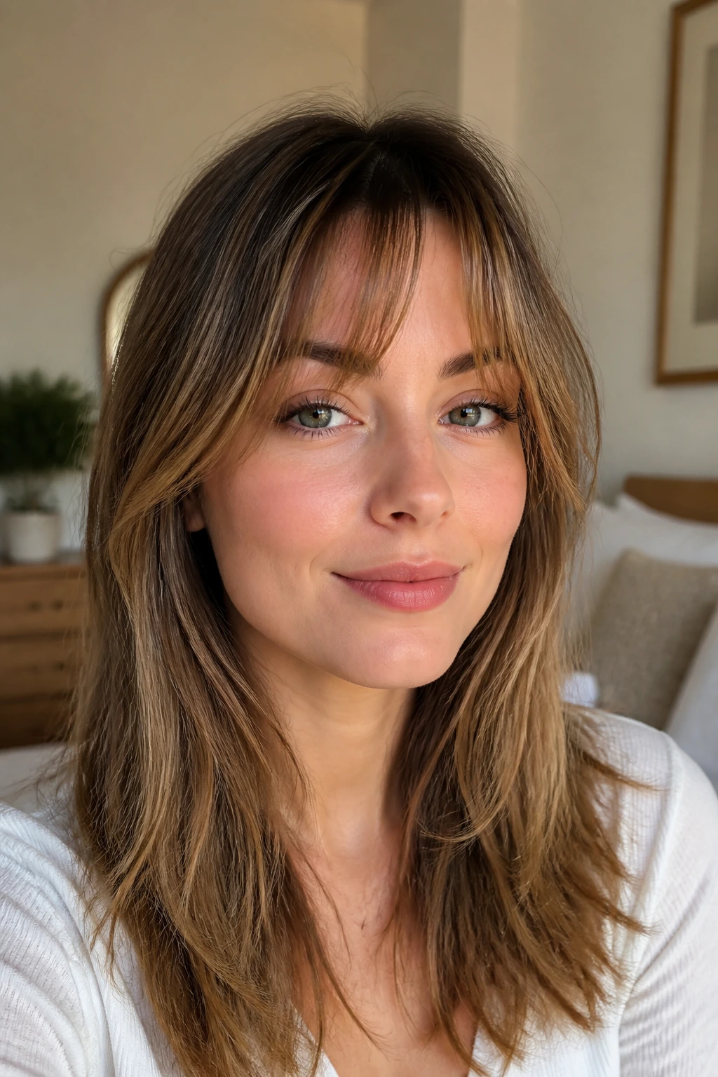 Close-up of a woman with feathered bangs balancing a high forehead
