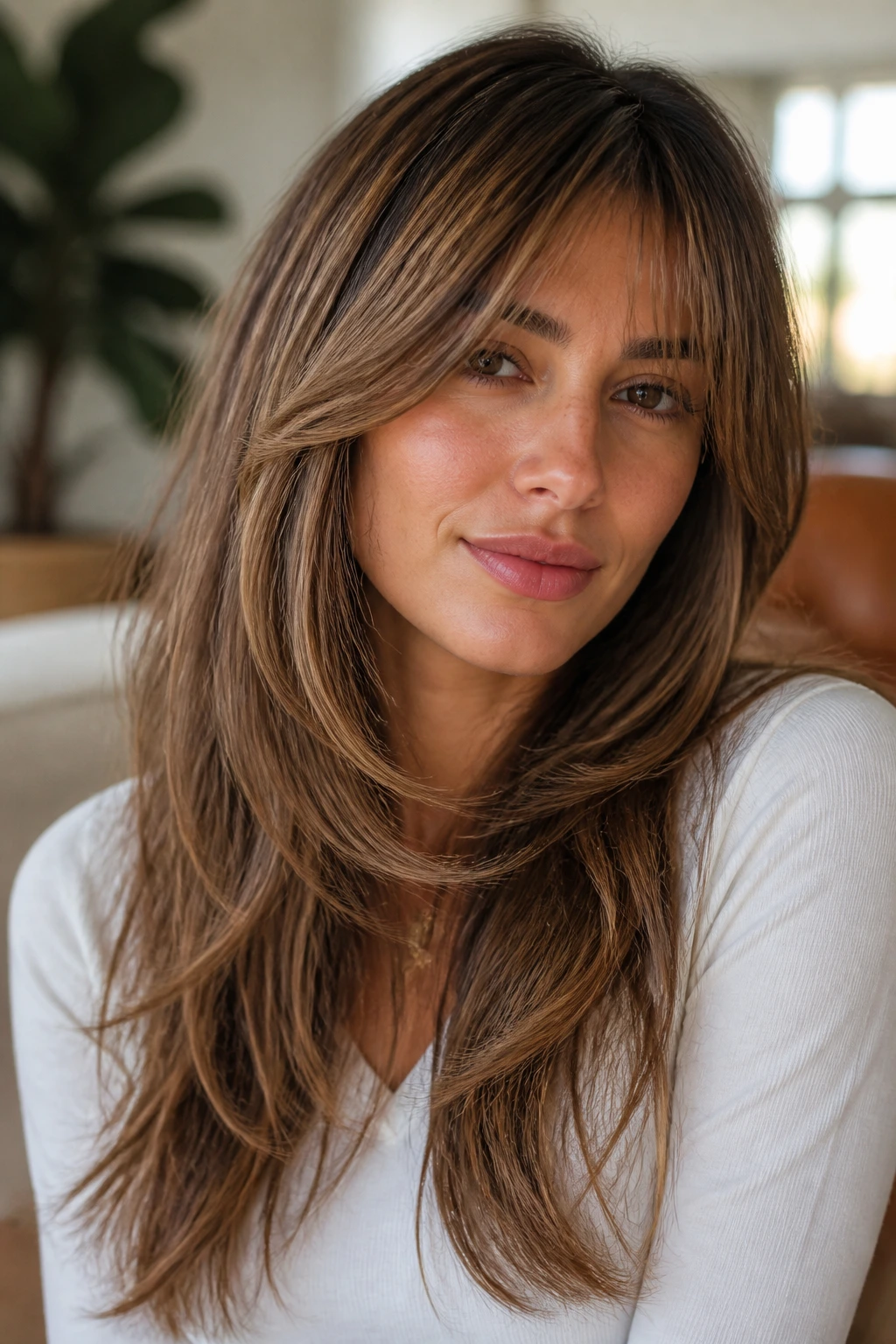 Close-up of a woman with feathered bangs melting into long layers
