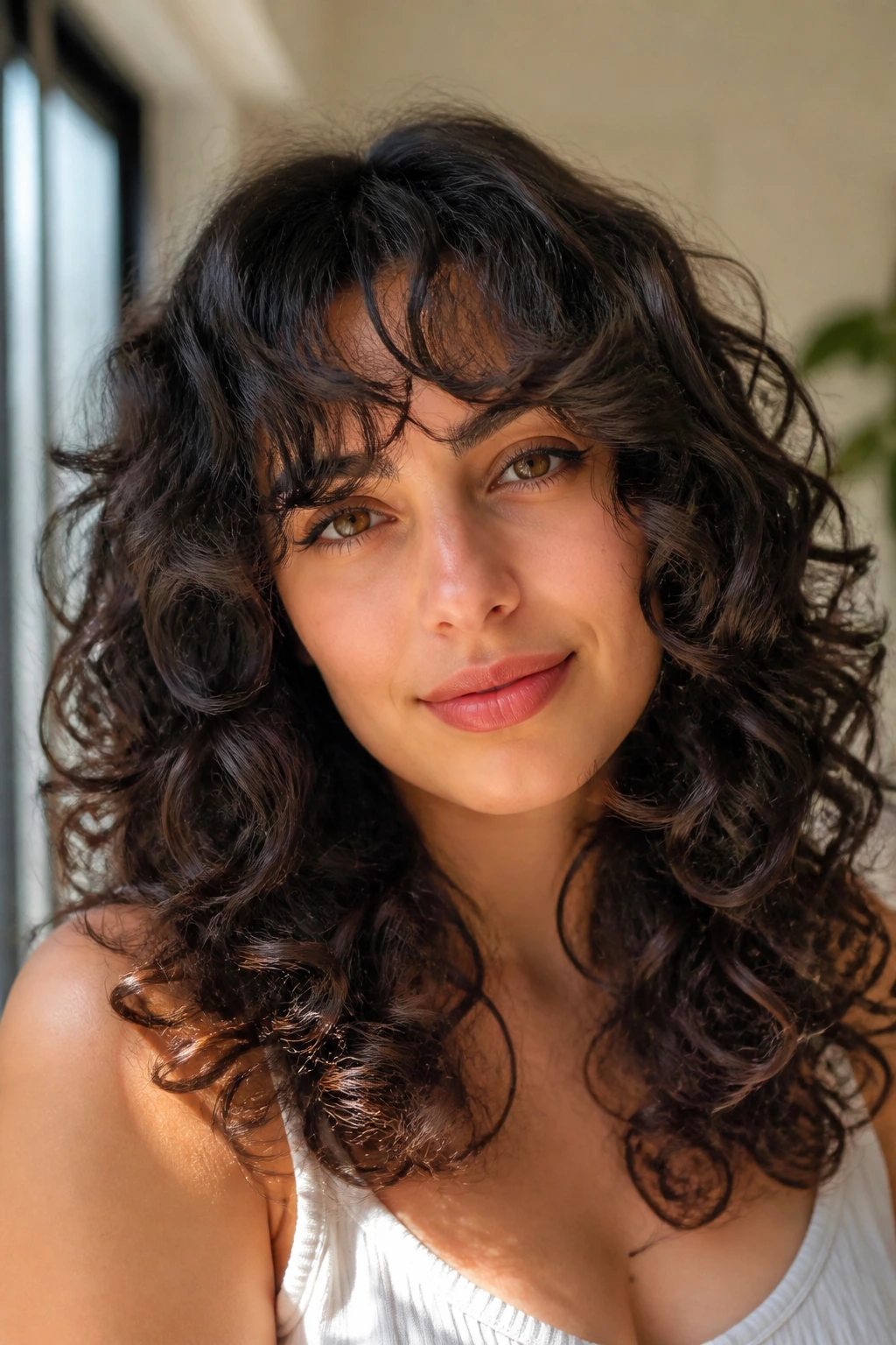 Close-up of a real person with feathered bangs and layered curls by a window