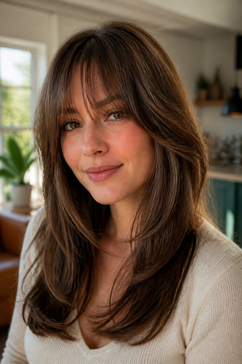 Close-up portrait of a woman with feathered bangs blending into long layers