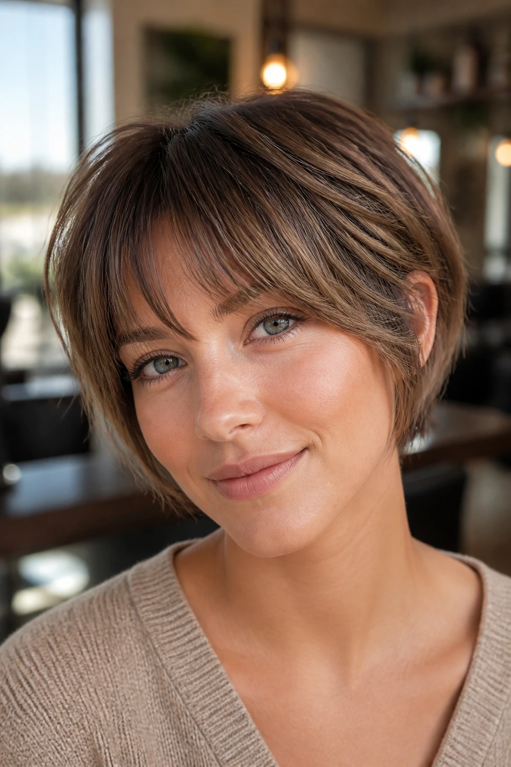 Close-up portrait of a woman with feathered bangs and a pixie bob in a sunlit salon