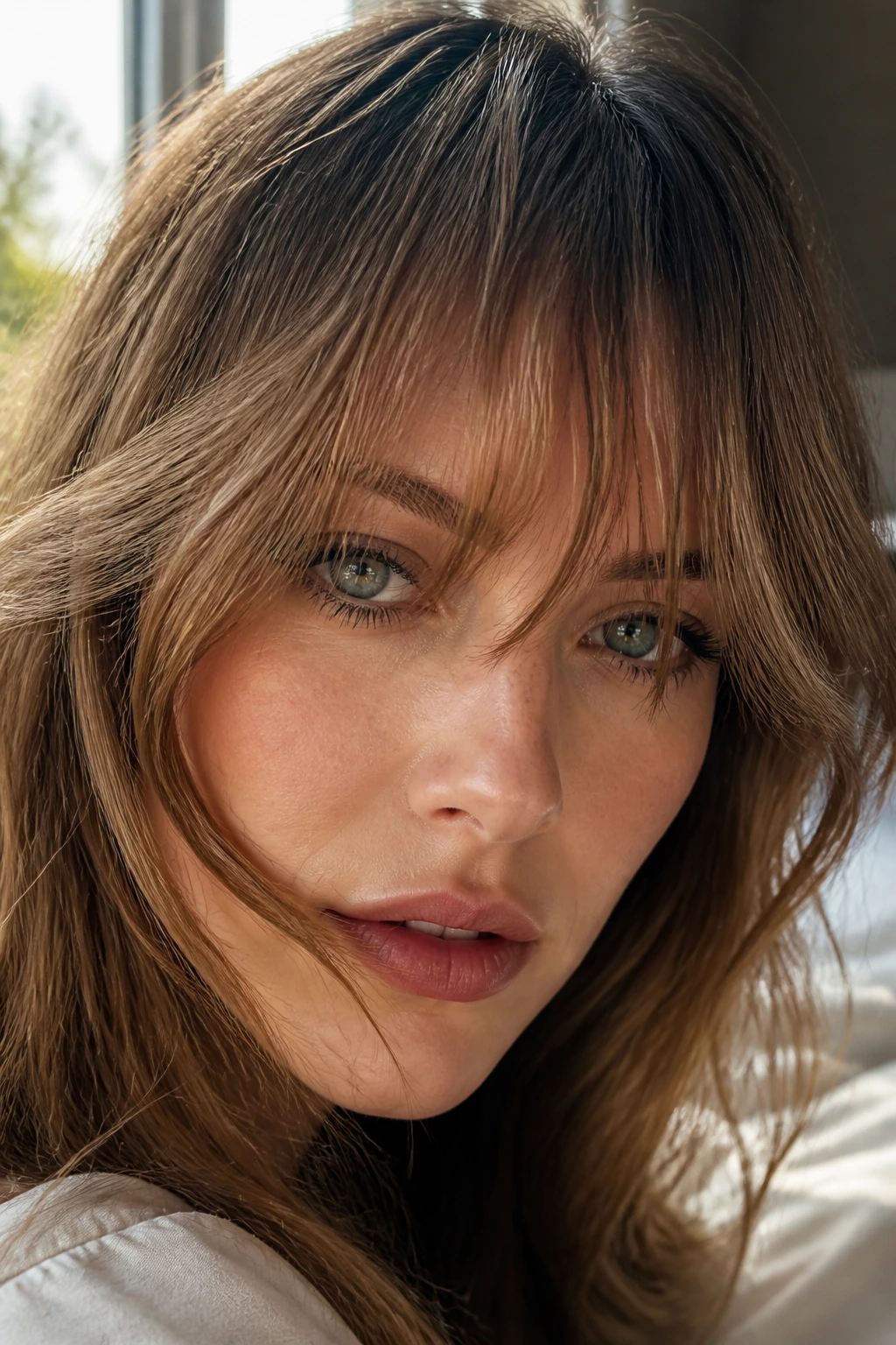 Close-up portrait of a real woman with feathered bangs in warm window light