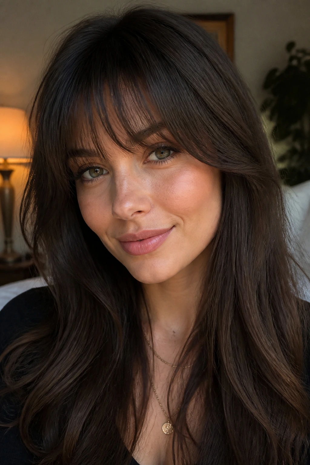 Close-up of a real woman with brows-skimming feathered bangs