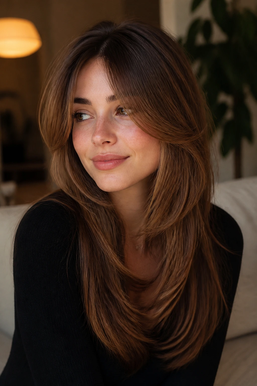 Close-up of a real woman with feathered face-framing bangs in a softly lit room