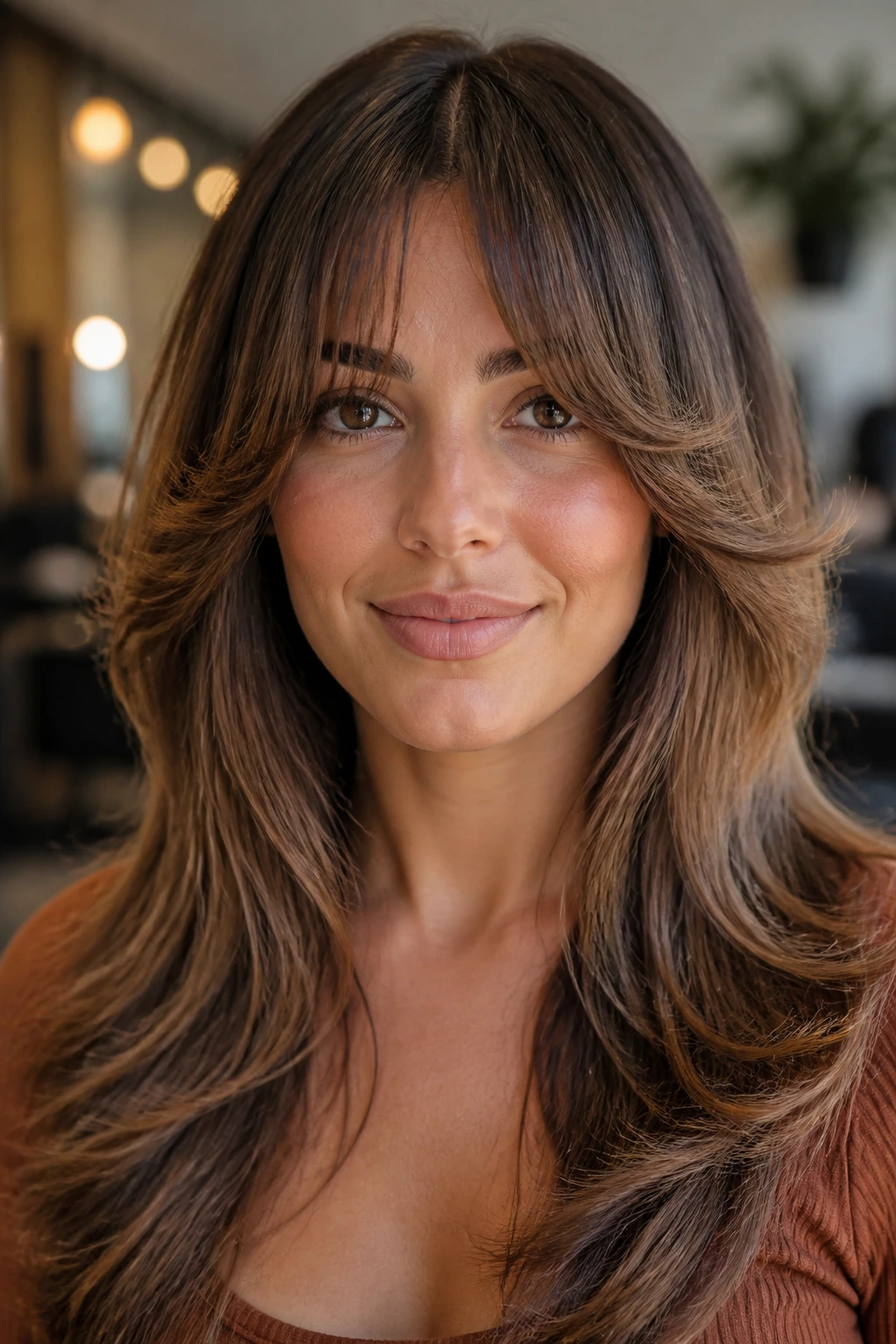Portrait of a woman with feathered bangs that curve and end rounded