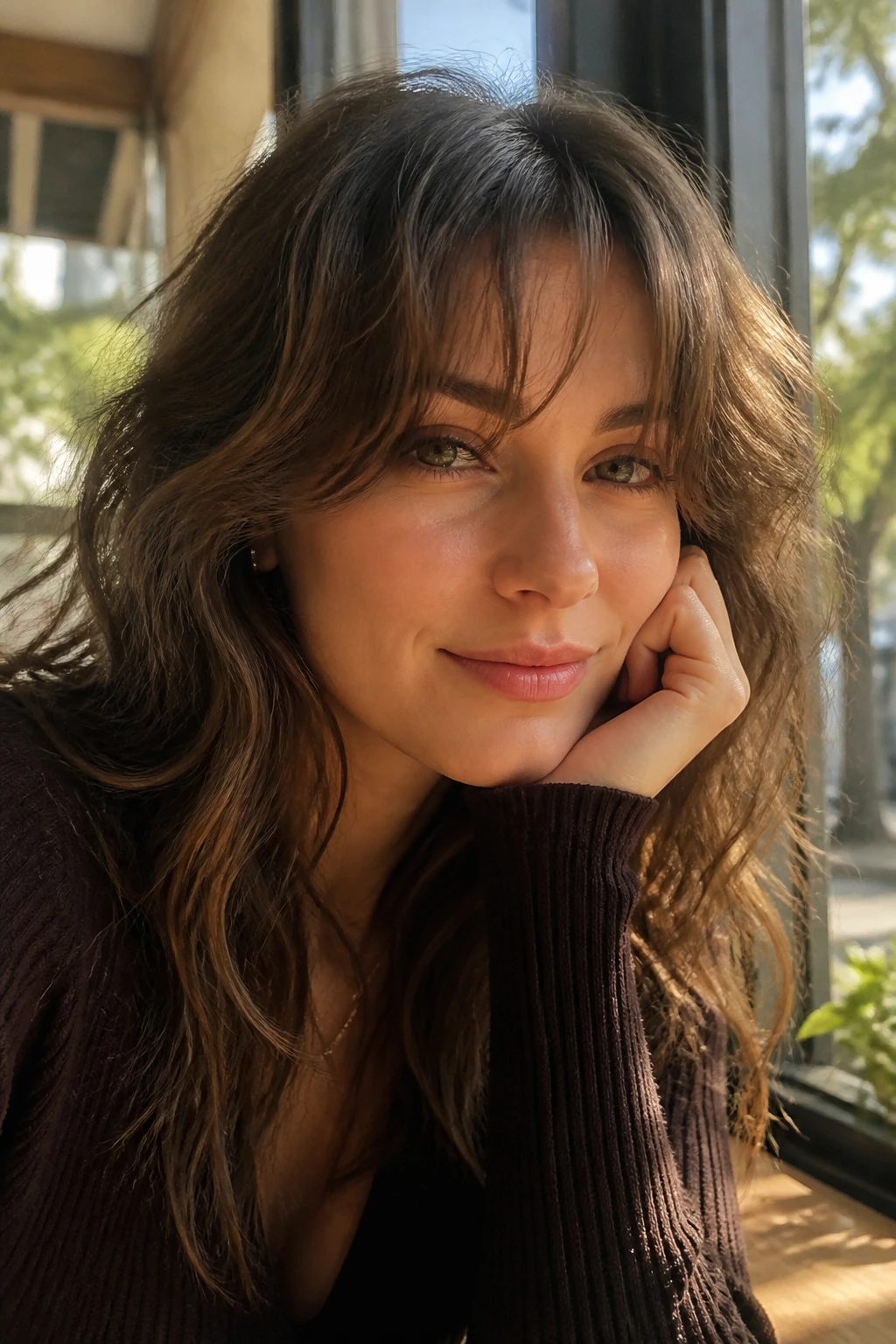 Close-up of a woman with feathered bangs on wavy hair near a cafe window