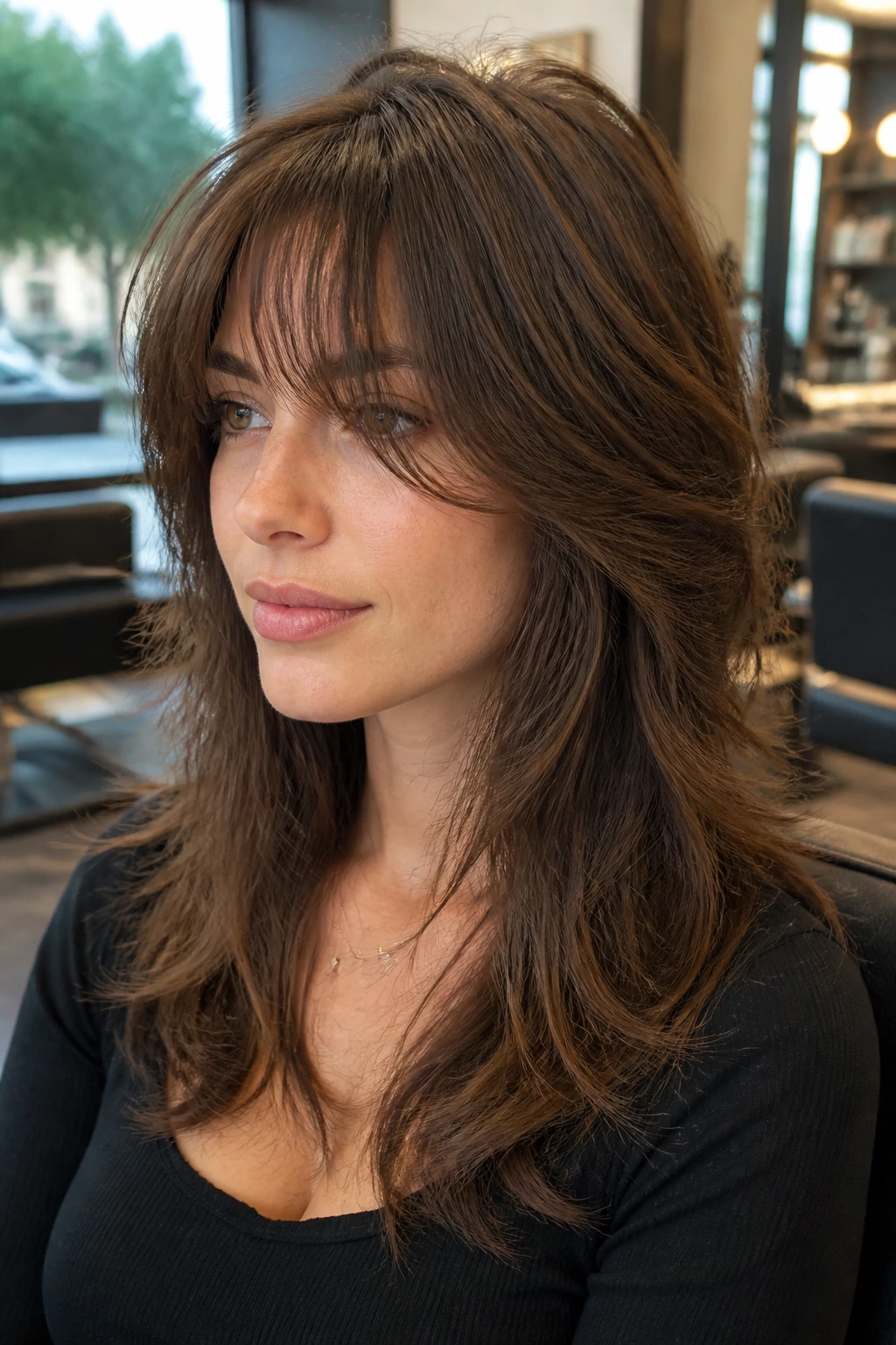 Close-up portrait of a woman with feathered bangs and soft wolf layers