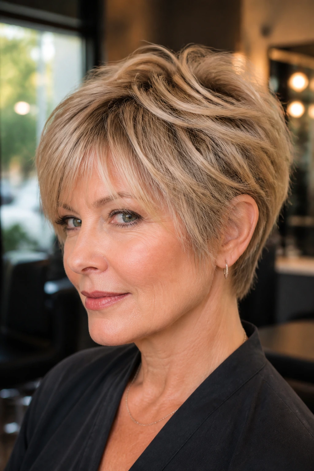 Close-up portrait of a real woman with a feathered bixie hairstyle highlighting short nape and airy fringe