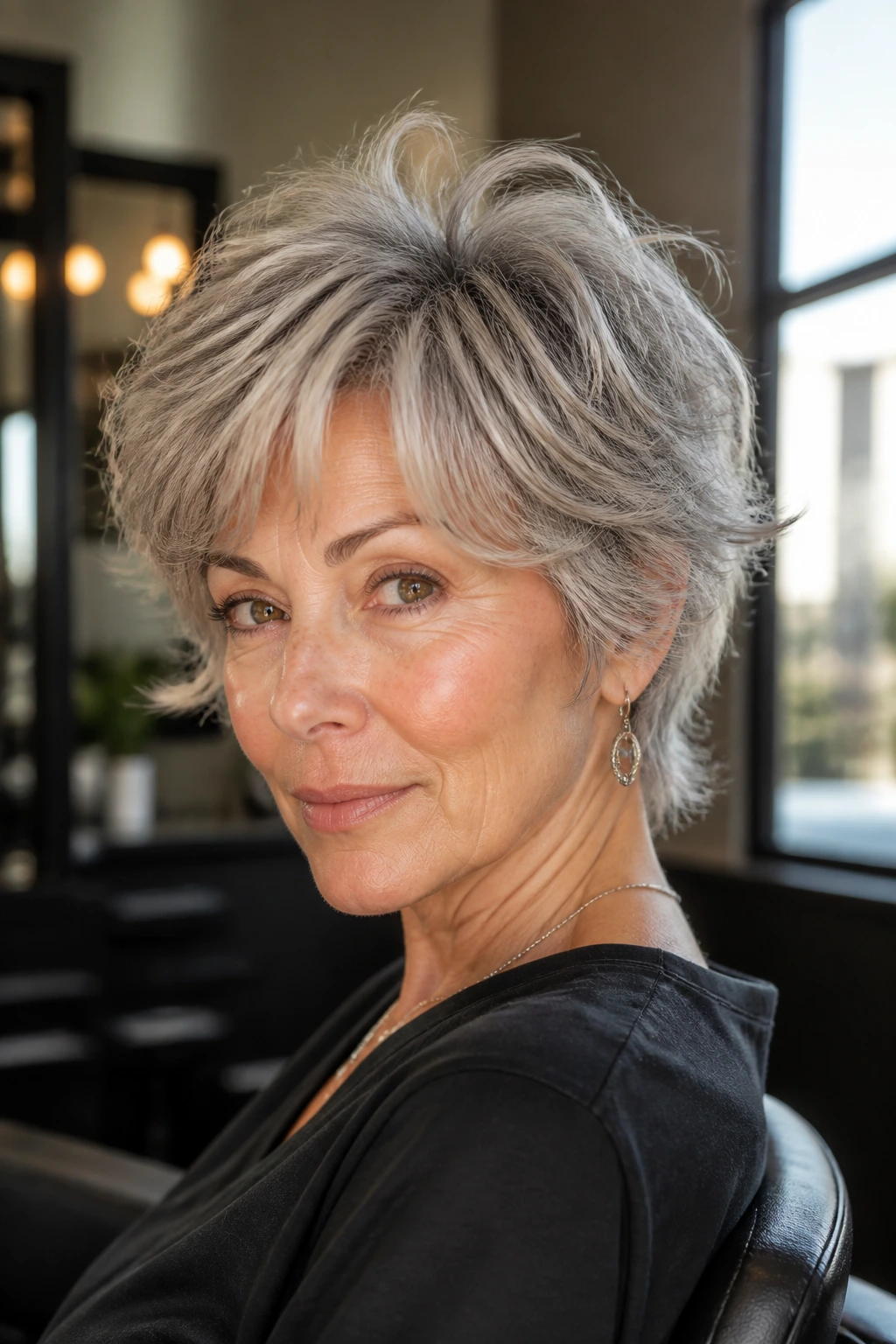 Close-up portrait of a real woman with feathered bixie hairstyle in warm window light