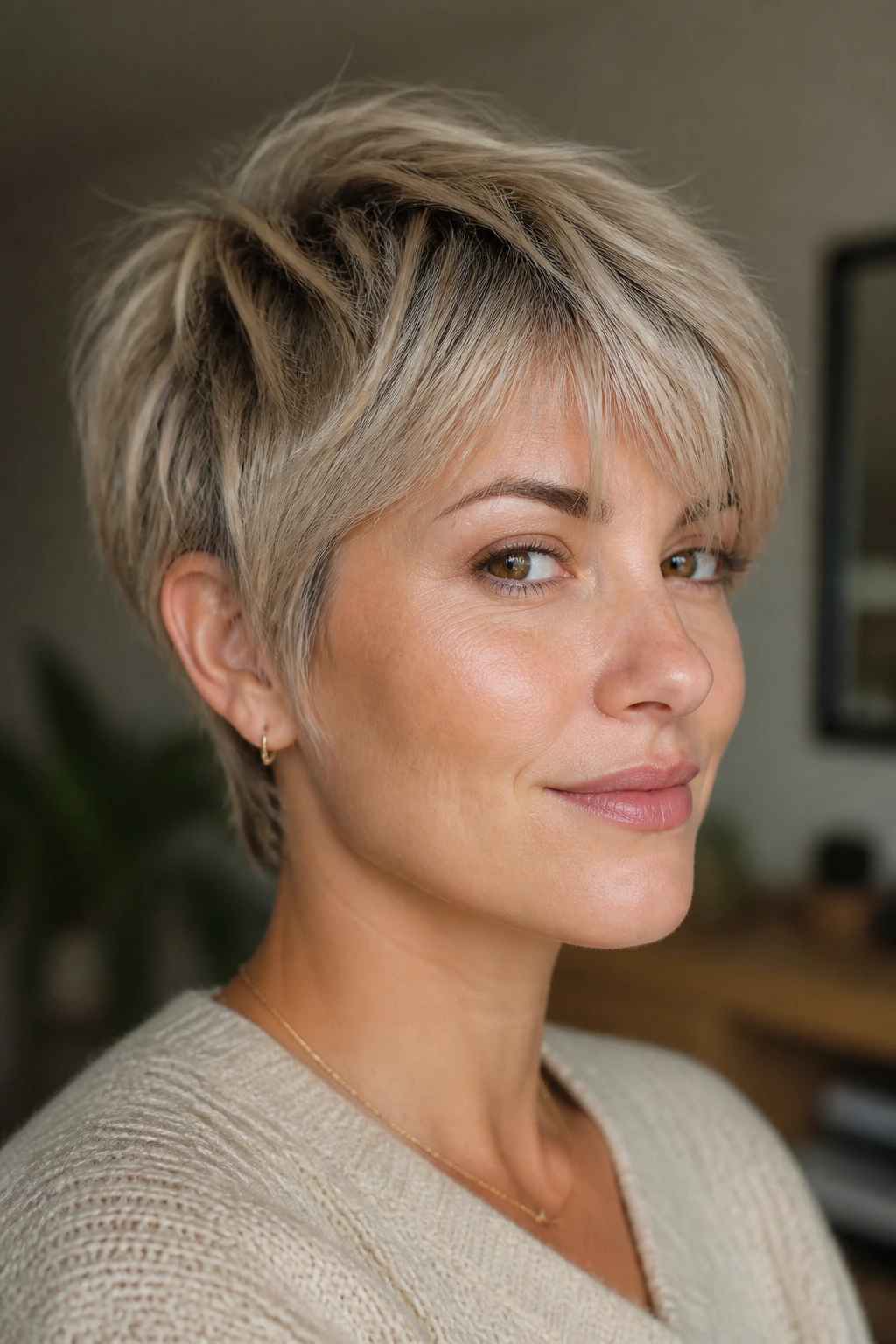 Close-up portrait of a real person with a feathered bixie showing feathered temples