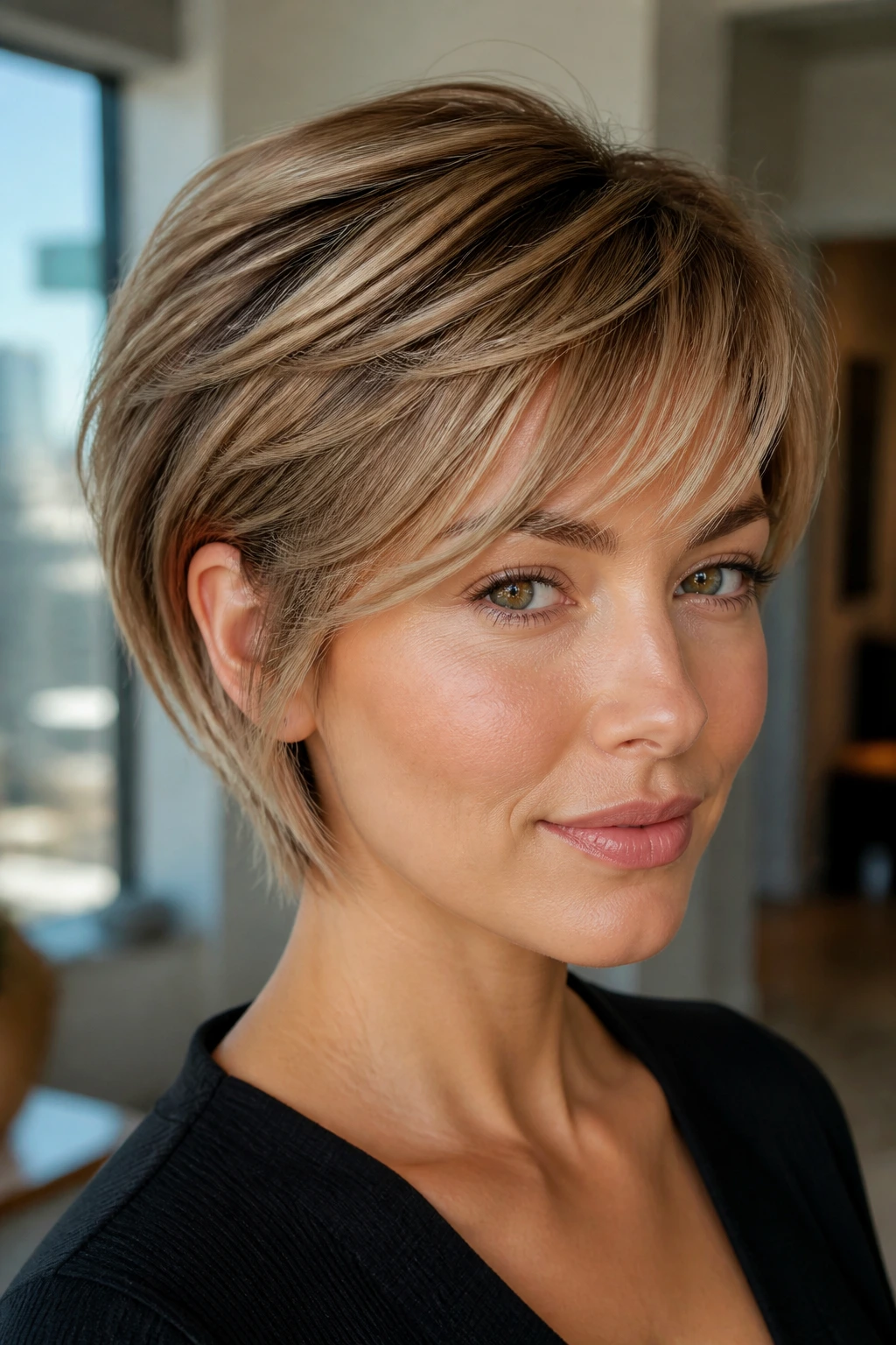 Close-up of a real woman with feathered bixie and satin ends.