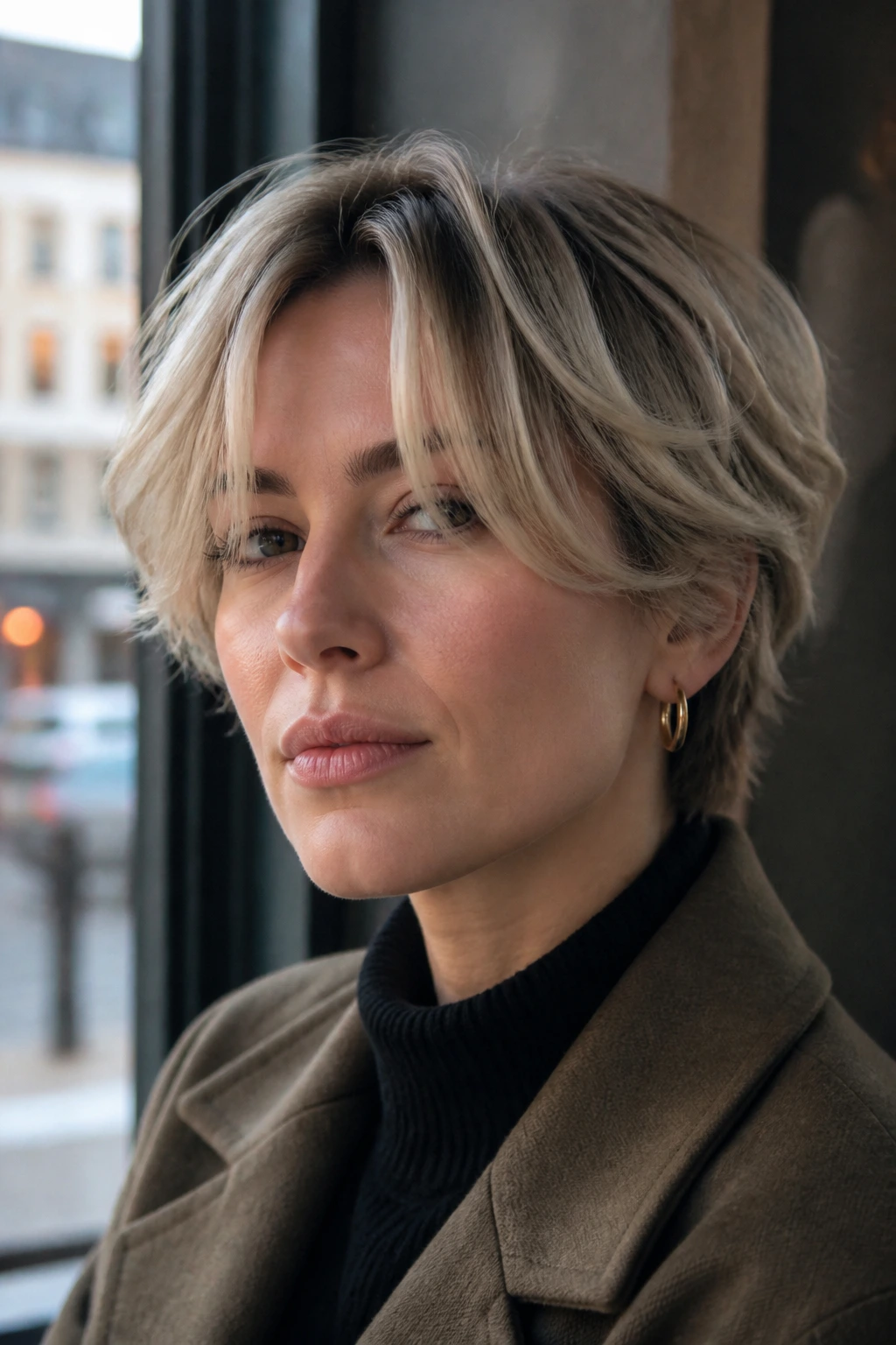 Close-up of a real woman with feathered bixie and split fringe around the brow