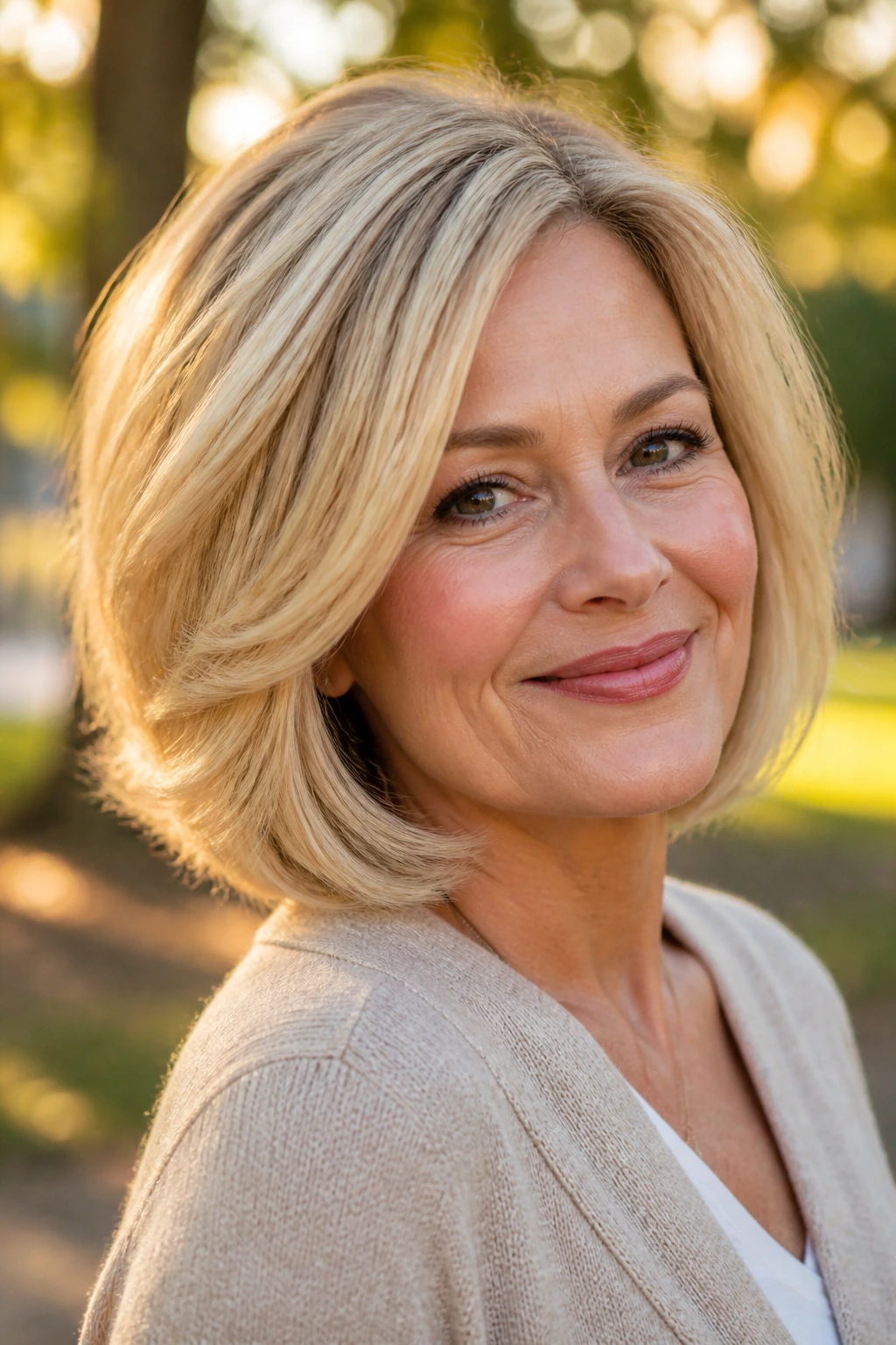 Close-up of real woman with feathered butter-blonde bob