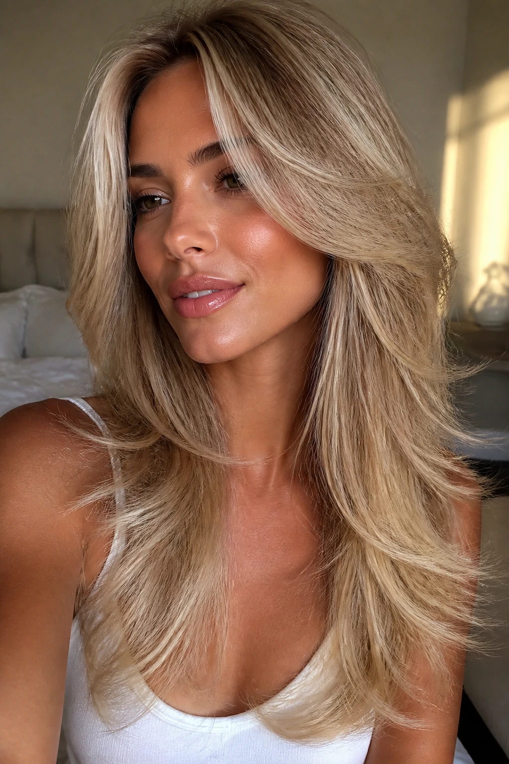 Close-up of a real woman with a feathered neutral blonde butterfly cut, face-framing layers.
