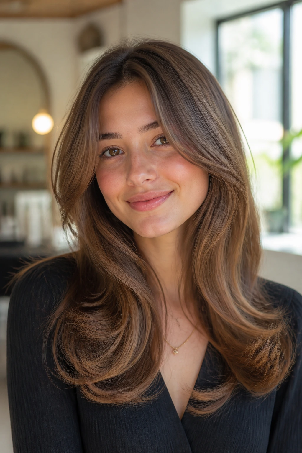 Close-up of a real woman with a feathered blowout hairstyle lifting away from the face.