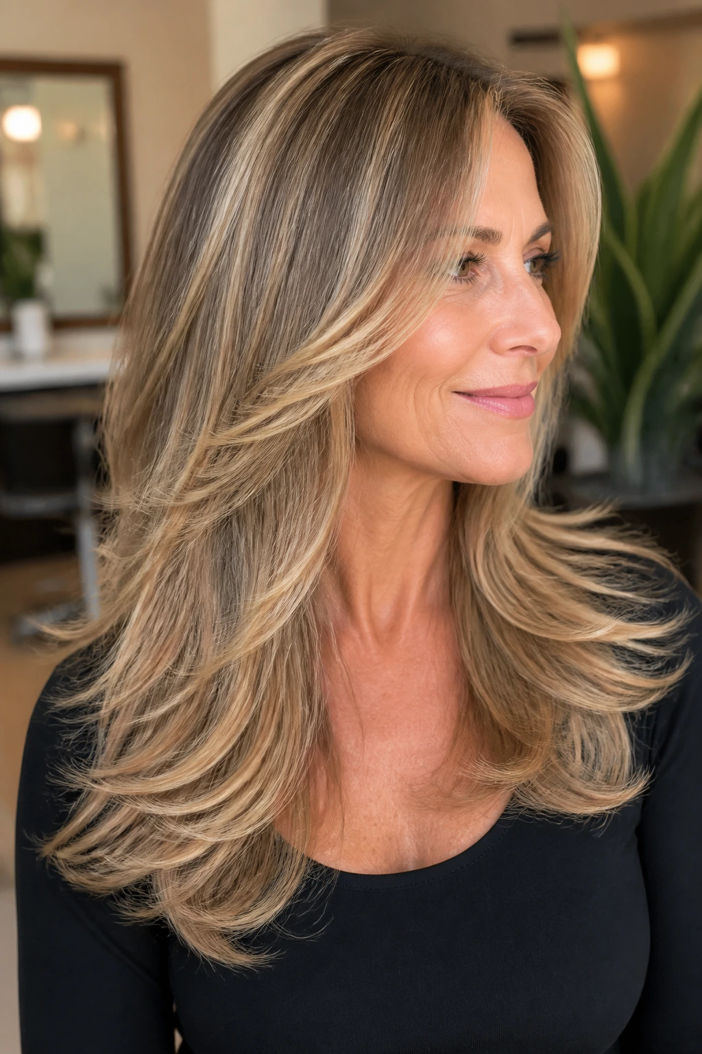 Close-up of a real woman with a feathered blowout and sun-kissed ends, hair dominating the frame