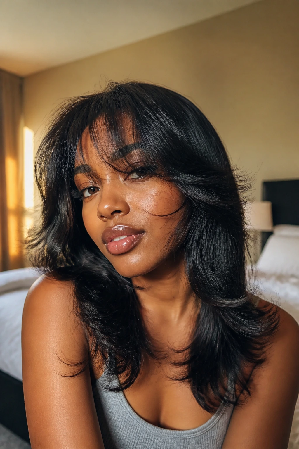 Close-up of feathered blowout bangs with soft ends on a real Black woman