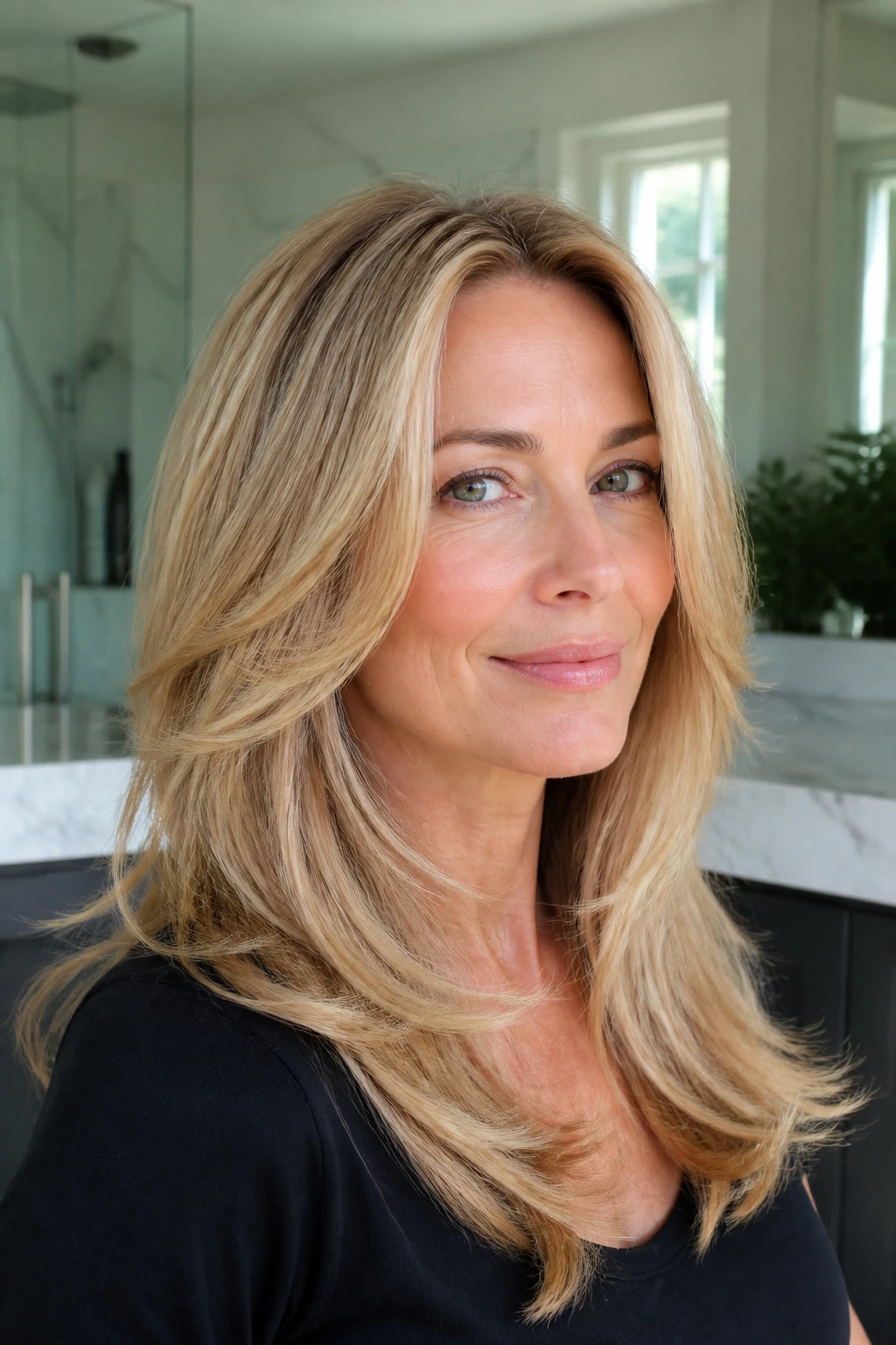 Close-up of a blonde woman with a feathered blowout and full ends