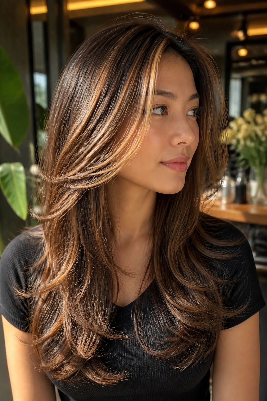 Close-up portrait of a real woman with feathered blowout layers and glossy caramel panels.