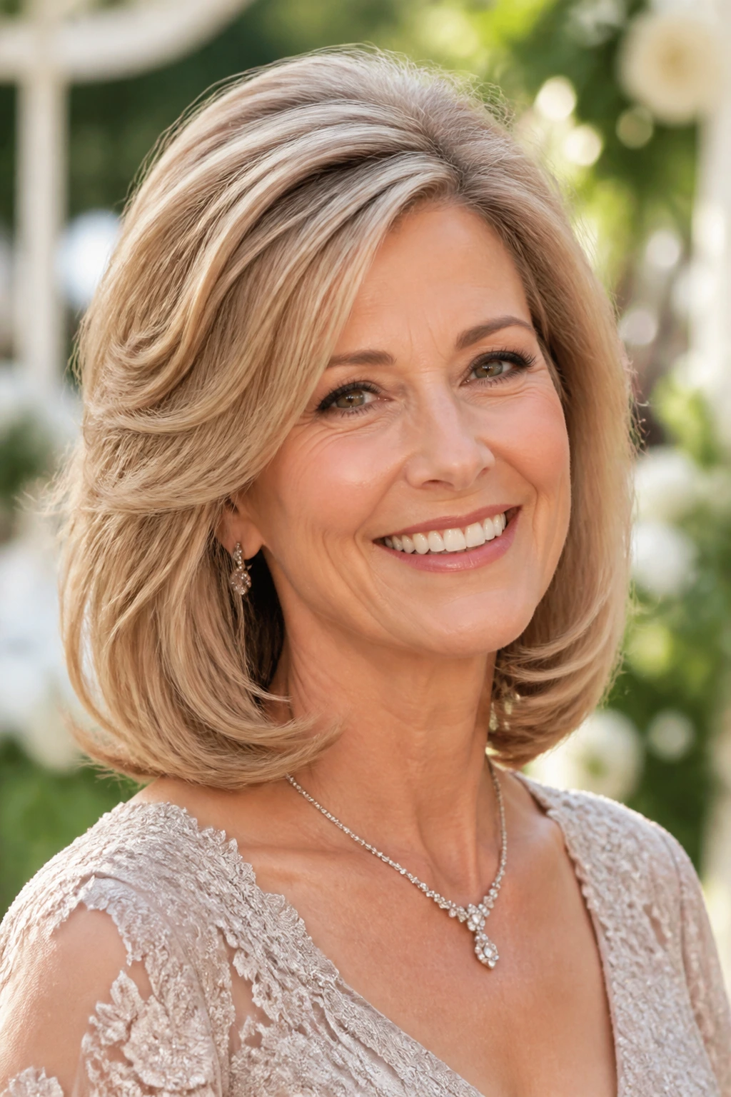 Close-up of a real woman with feathered blowout and tucked ends in garden light