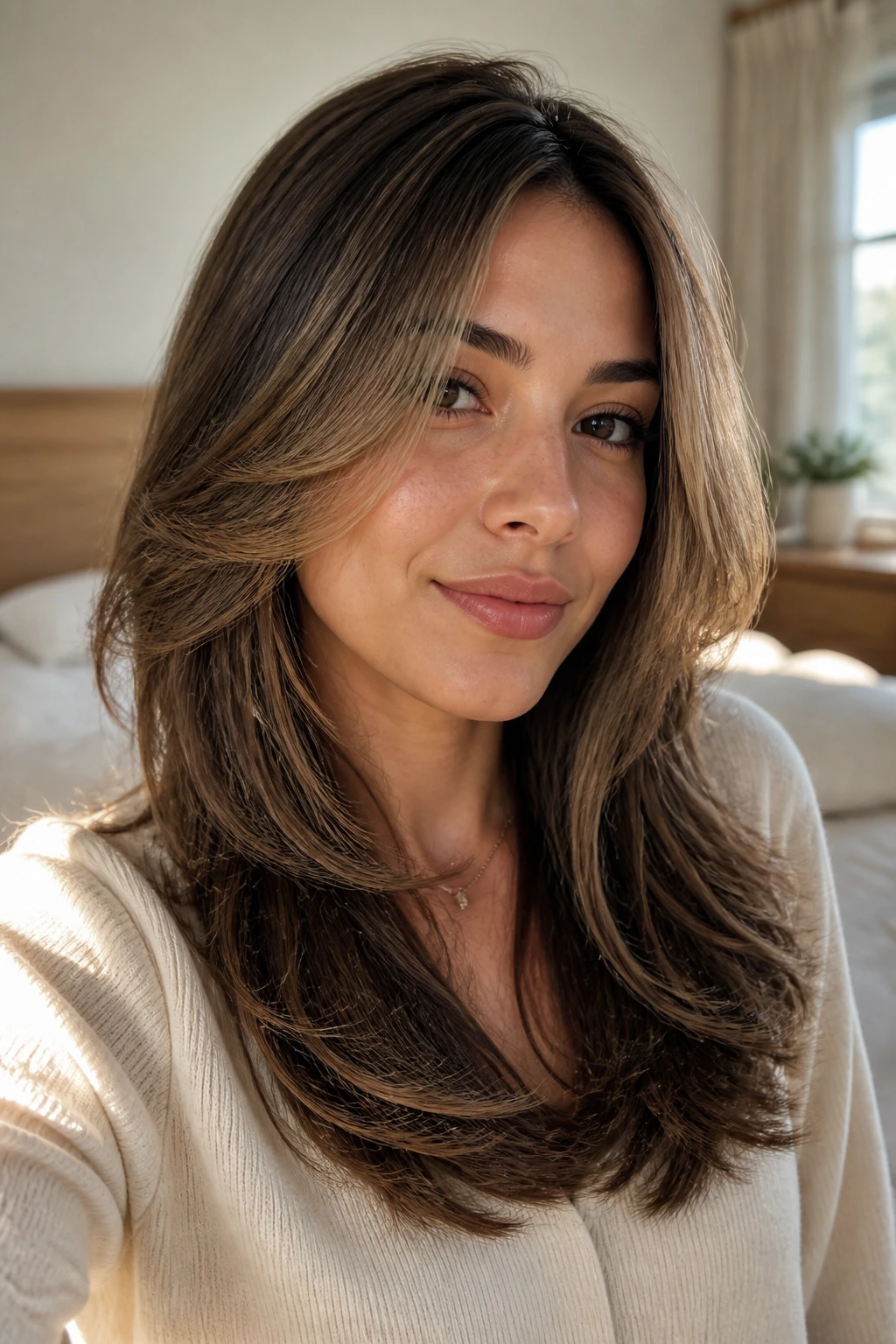 Close-up portrait of a real woman with feathered blowout layers and crown lift.