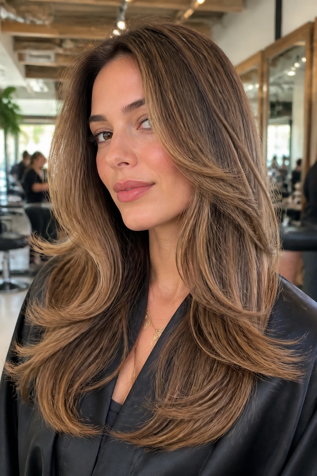 Close-up portrait of a woman with feathered blowout layers in a sunlit salon
