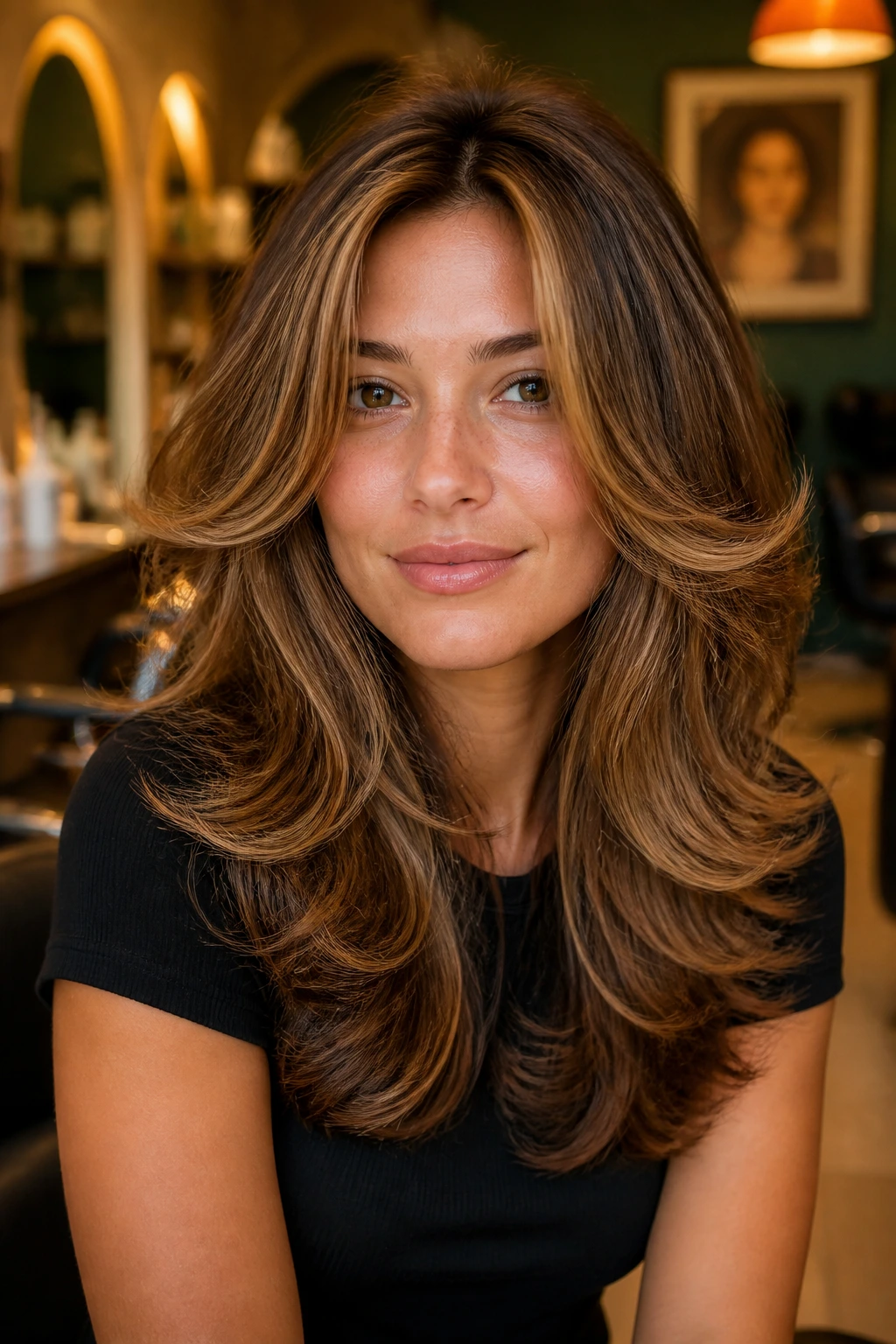 Portrait of a real woman with feathered blowout layers framing the face.