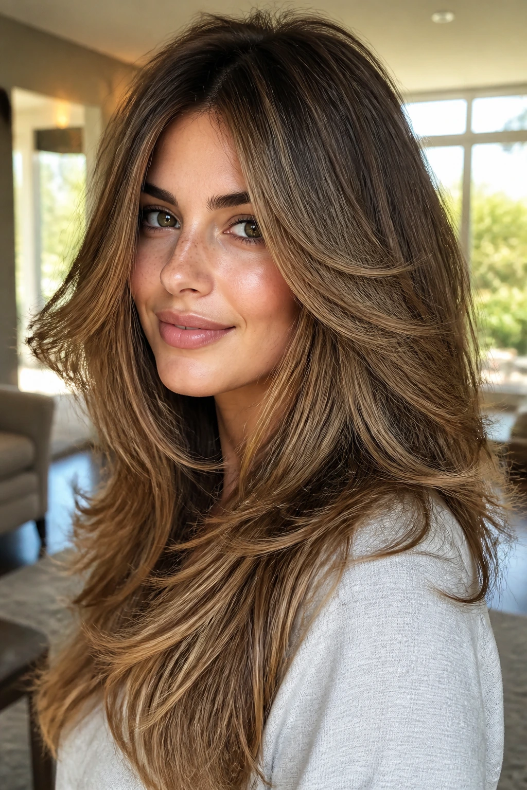 Real woman with feathered blowout layers and ends feathering away from the face.