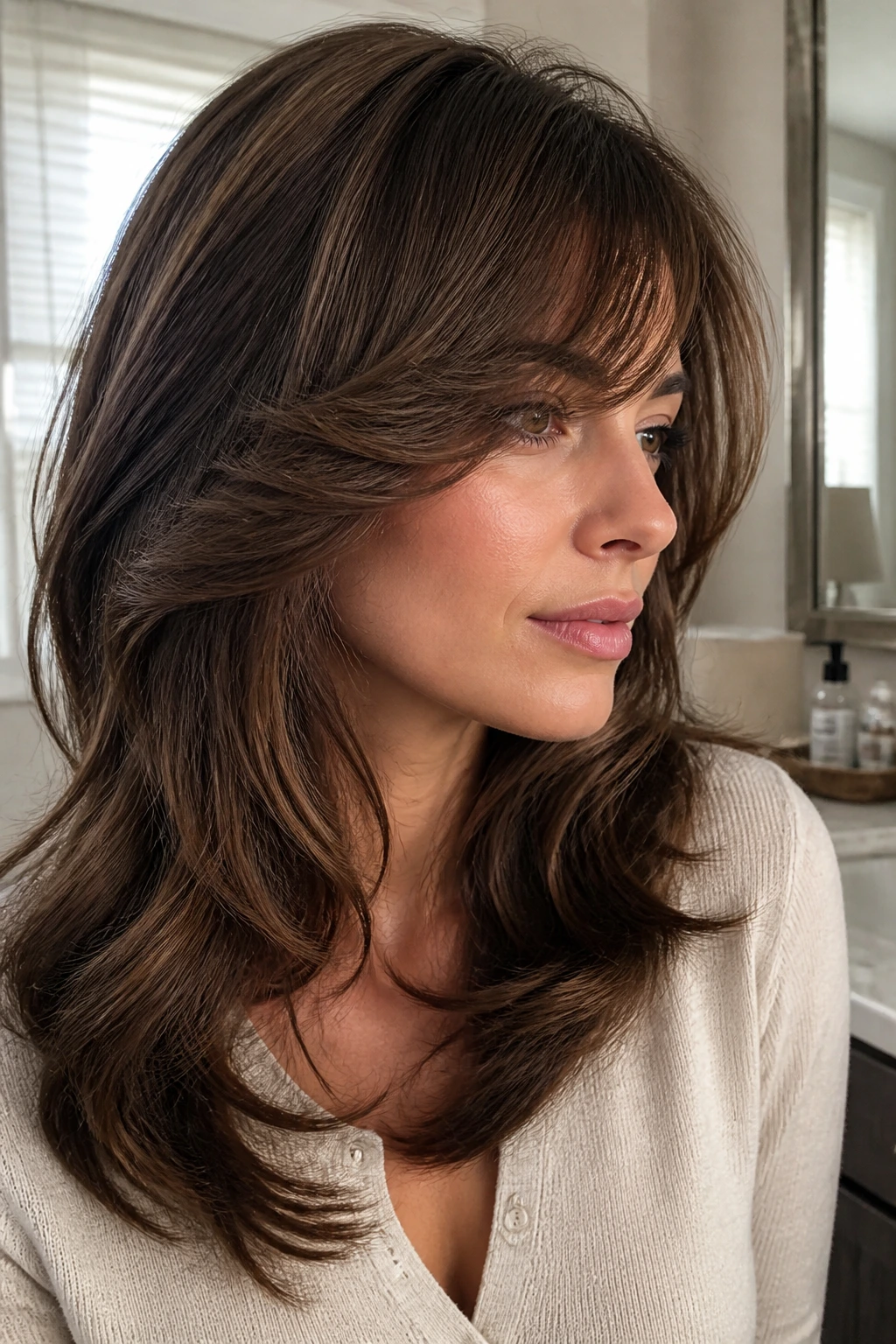 Close-up portrait of a real person with feathered blowout layers framing the cheeks in soft light