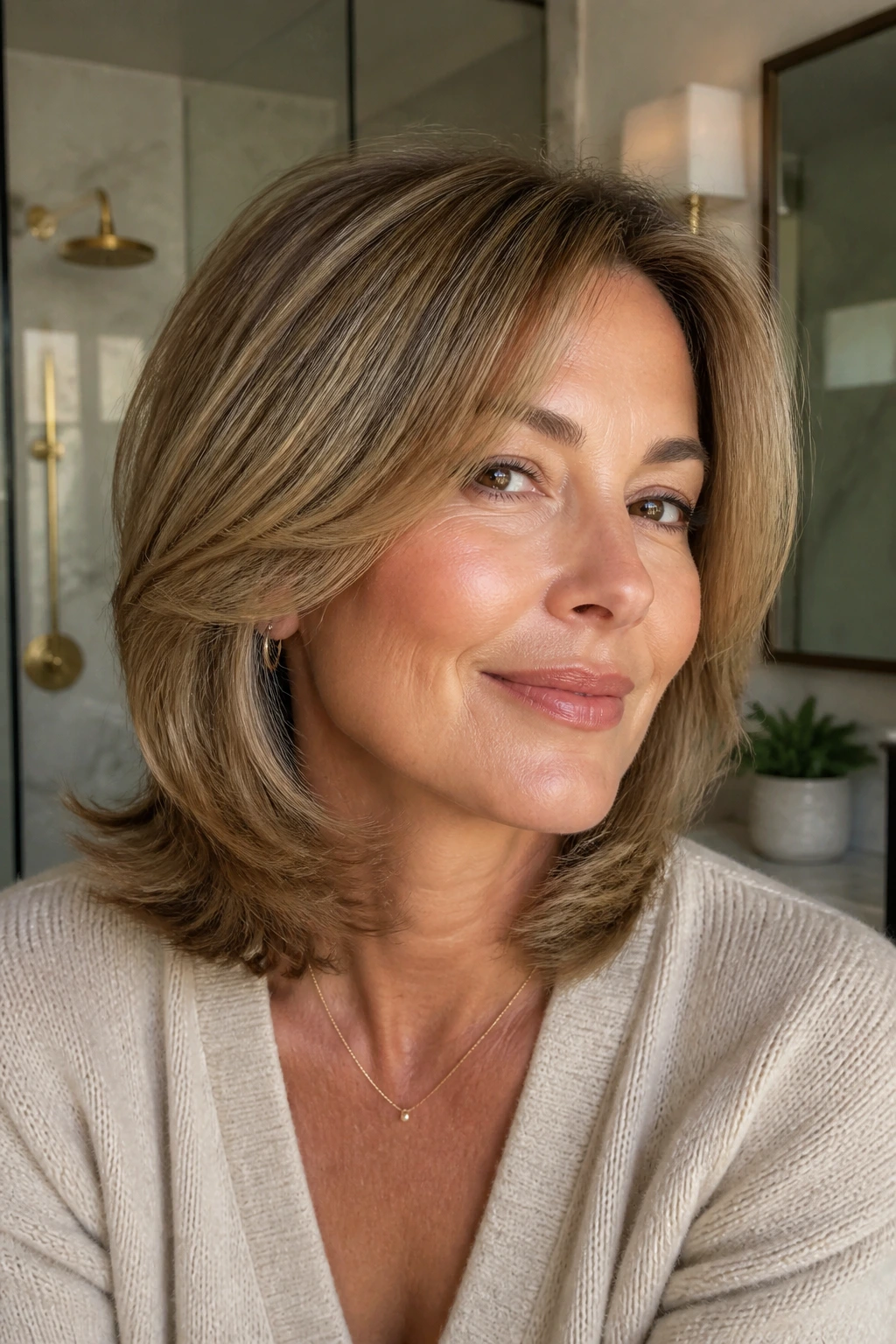 Portrait of a woman with a feathered blowout lob showing soft feathered ends and crown volume.