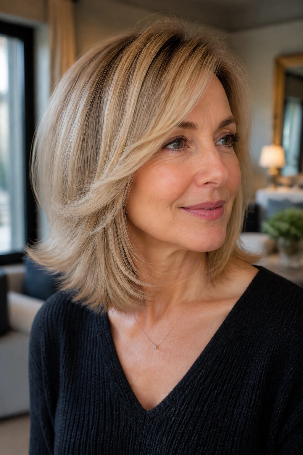 Portrait of a real woman with feathered blowout lob showing soft movement.
