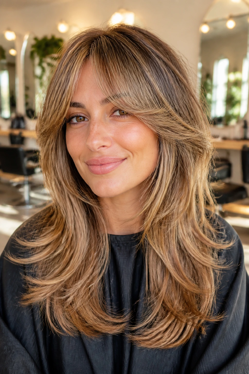 Close-up of a real woman with feathered blowout layers and swoopy bangs in a sunlit salon