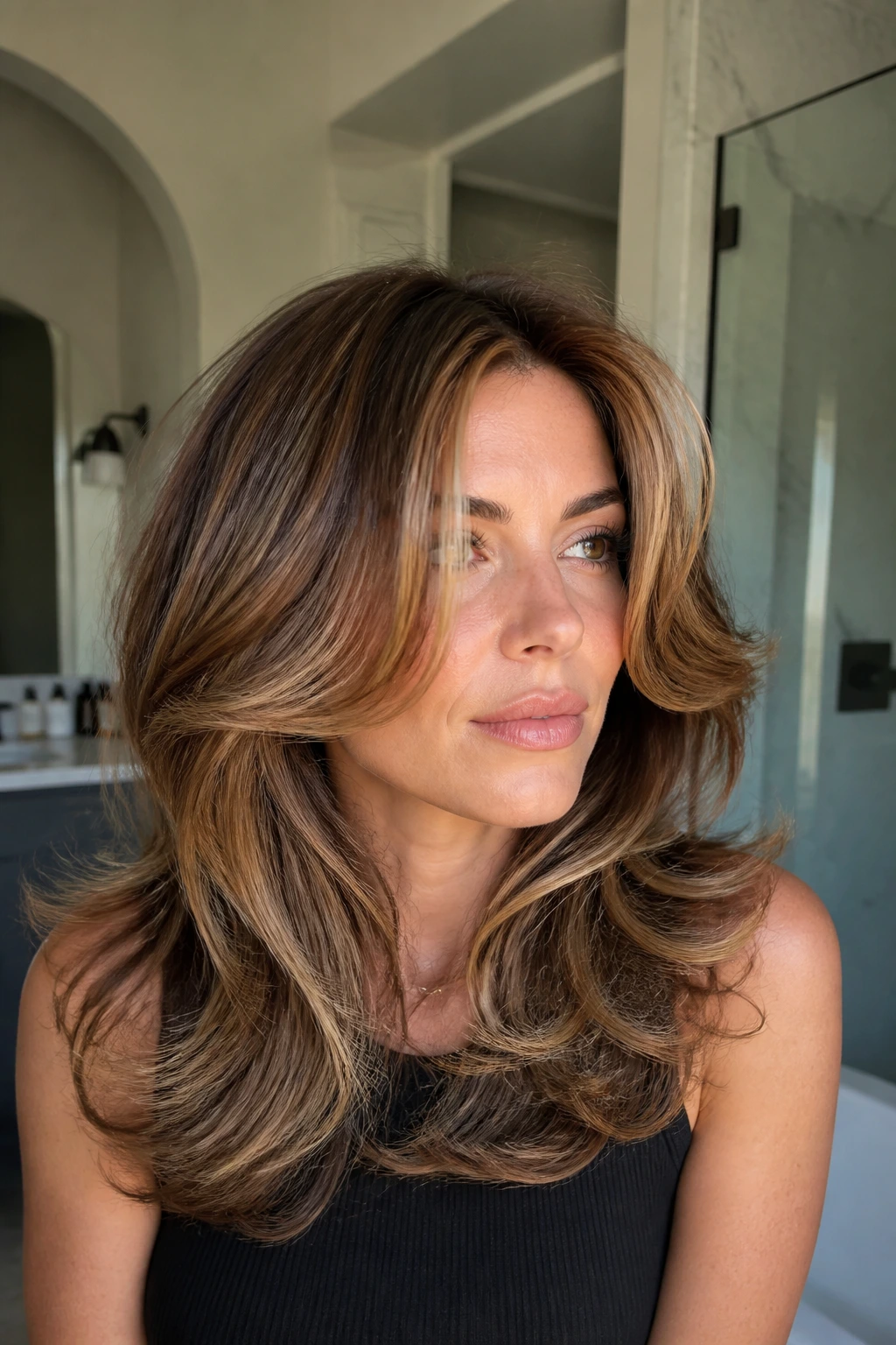 Portrait of a real woman with feathered blowout layers and toffee lowlights