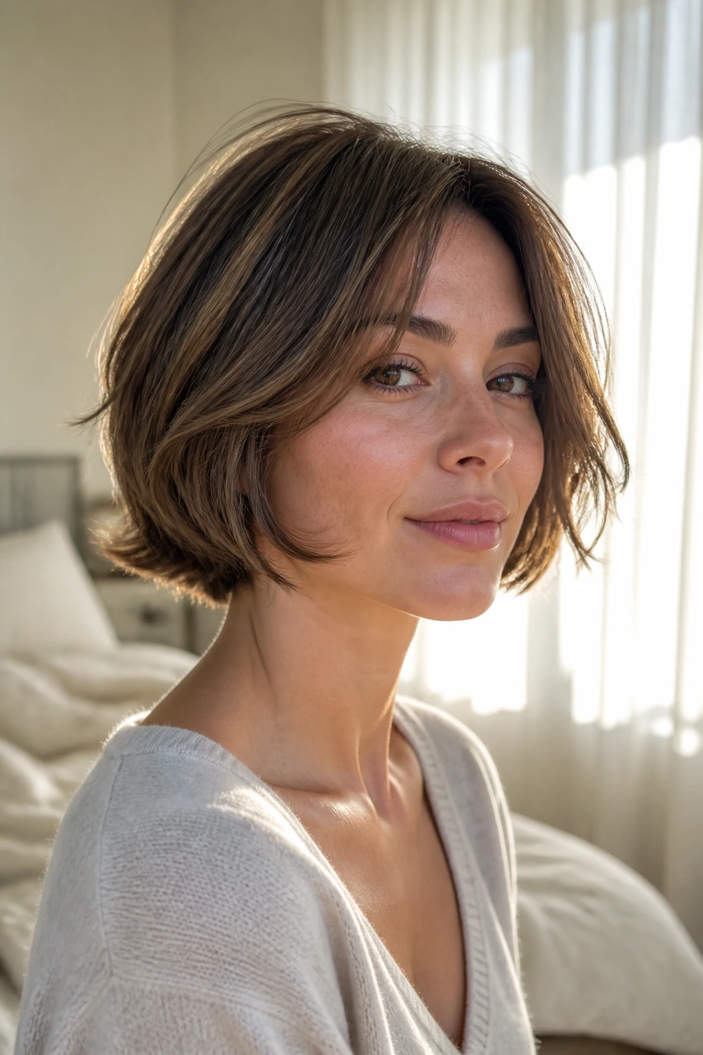 Close-up portrait of a real woman with a feathered bob on fine 2B hair showing soft feathered layers.