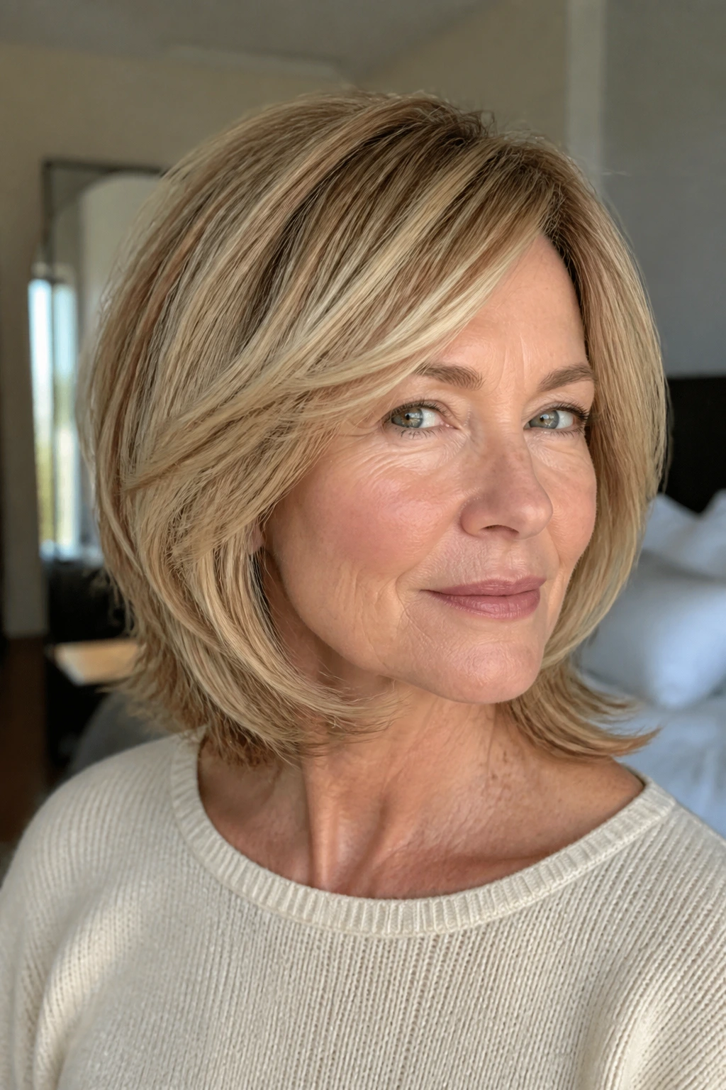 Close-up of a woman with a feathered bob and airy ends.