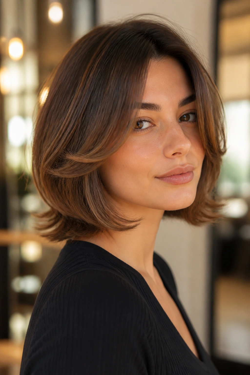 Close-up of a real woman with a feathered 90s bob and airy ends in a warm salon.
