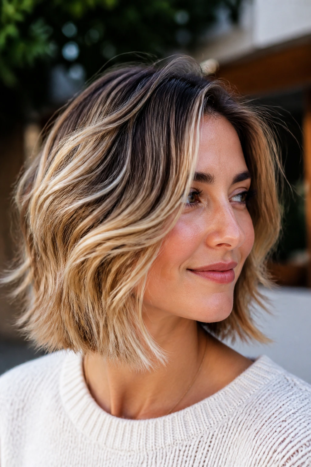 Real woman with a feathered bob and airy ends in natural outdoor light.