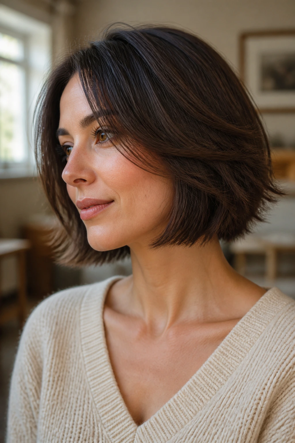 Close-up portrait of a woman with feathered bob and airy ends in a cozy room