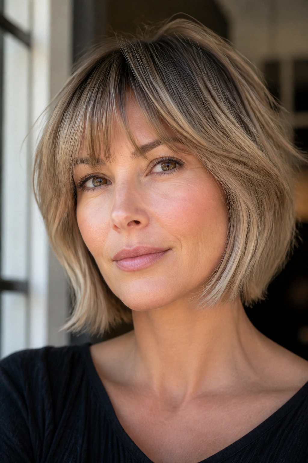 Close-up of a woman with a feathered bob and airy fringe.