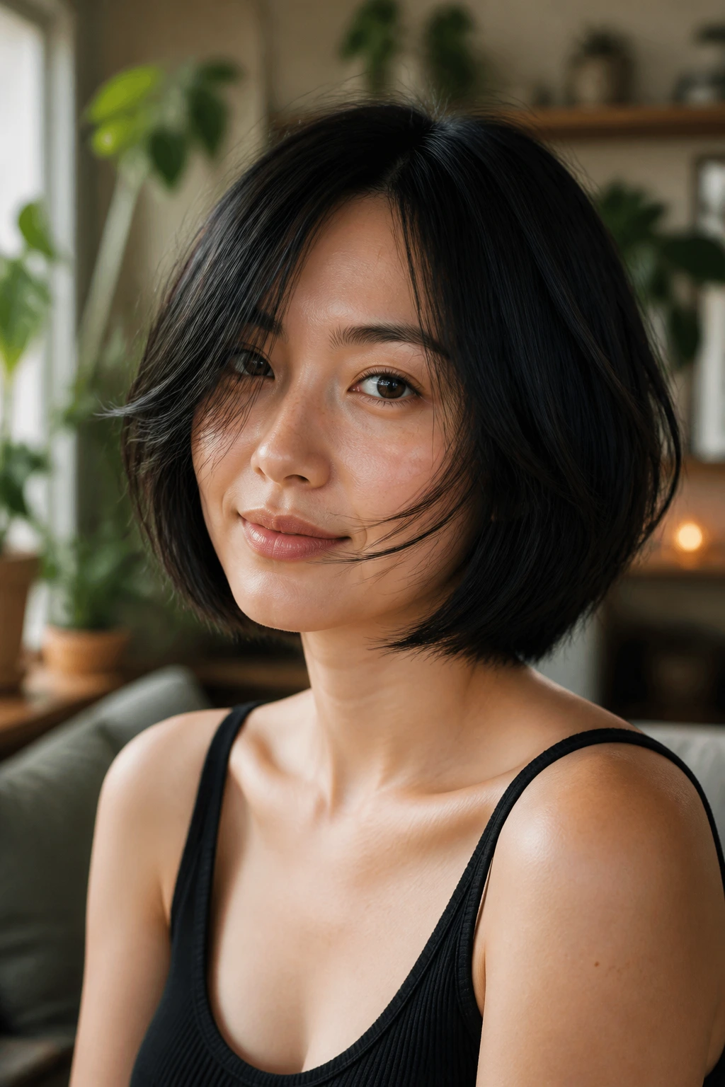 Close-up portrait of a real woman with feathered bob and airy texture