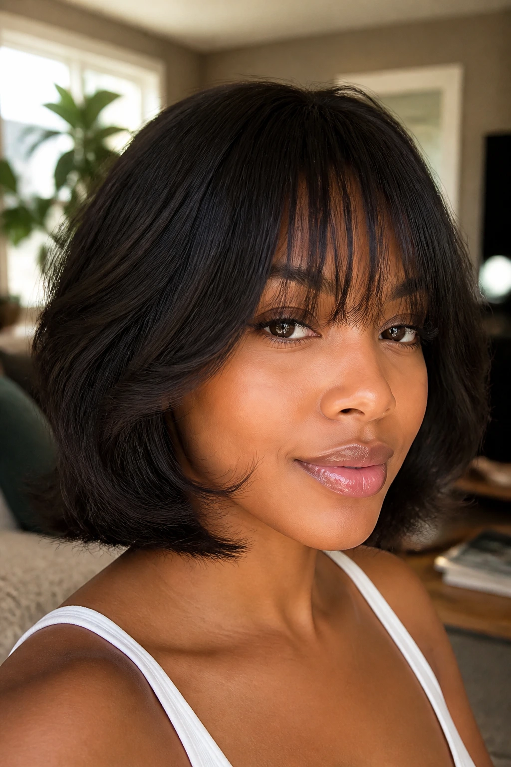 Close-up of real woman in a feathered bob with wispy bangs