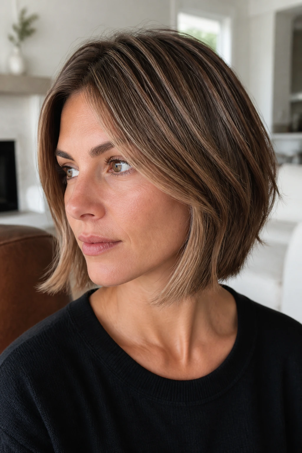 Close-up of a real woman with a feathered bob and caramel interior ribbons
